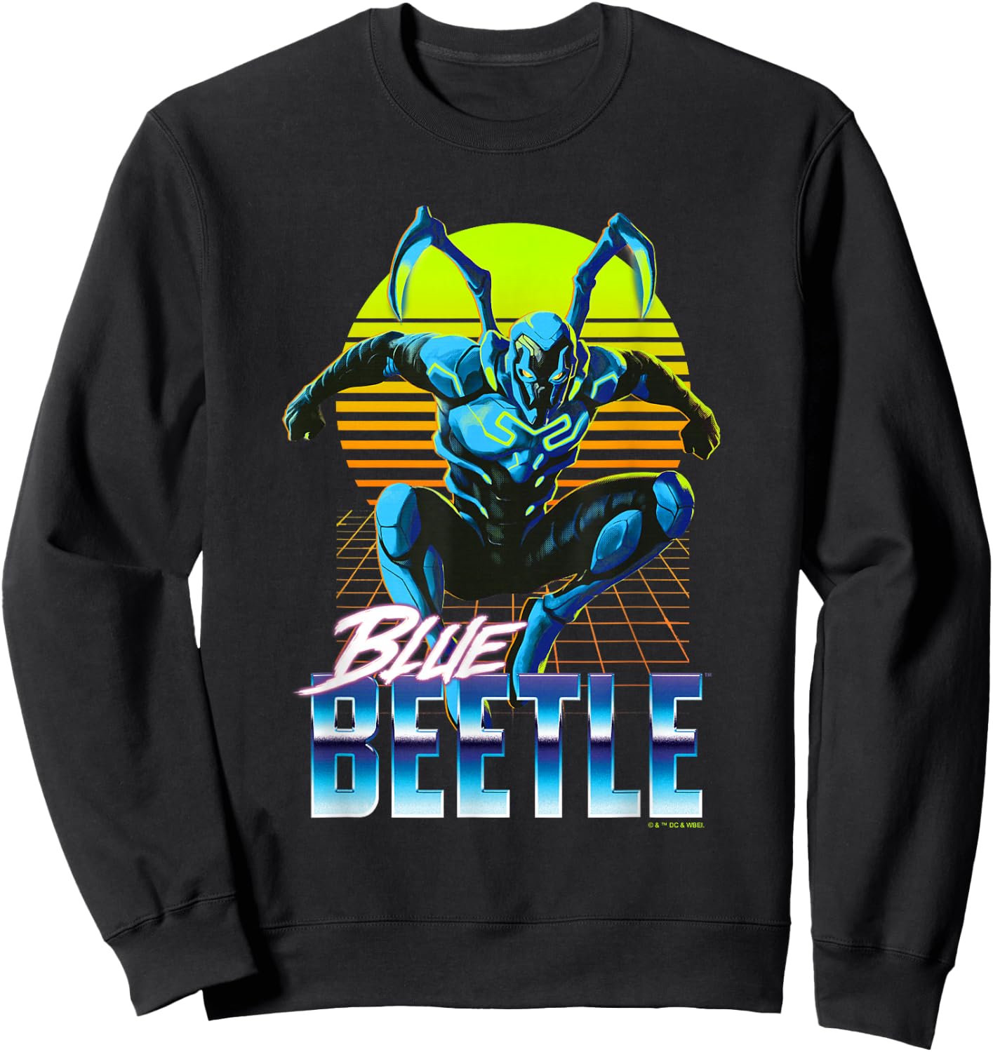 Blue Beetle Jumping Into Action Neon Gridline Background Sweatshirt - Sweatshirt | Black