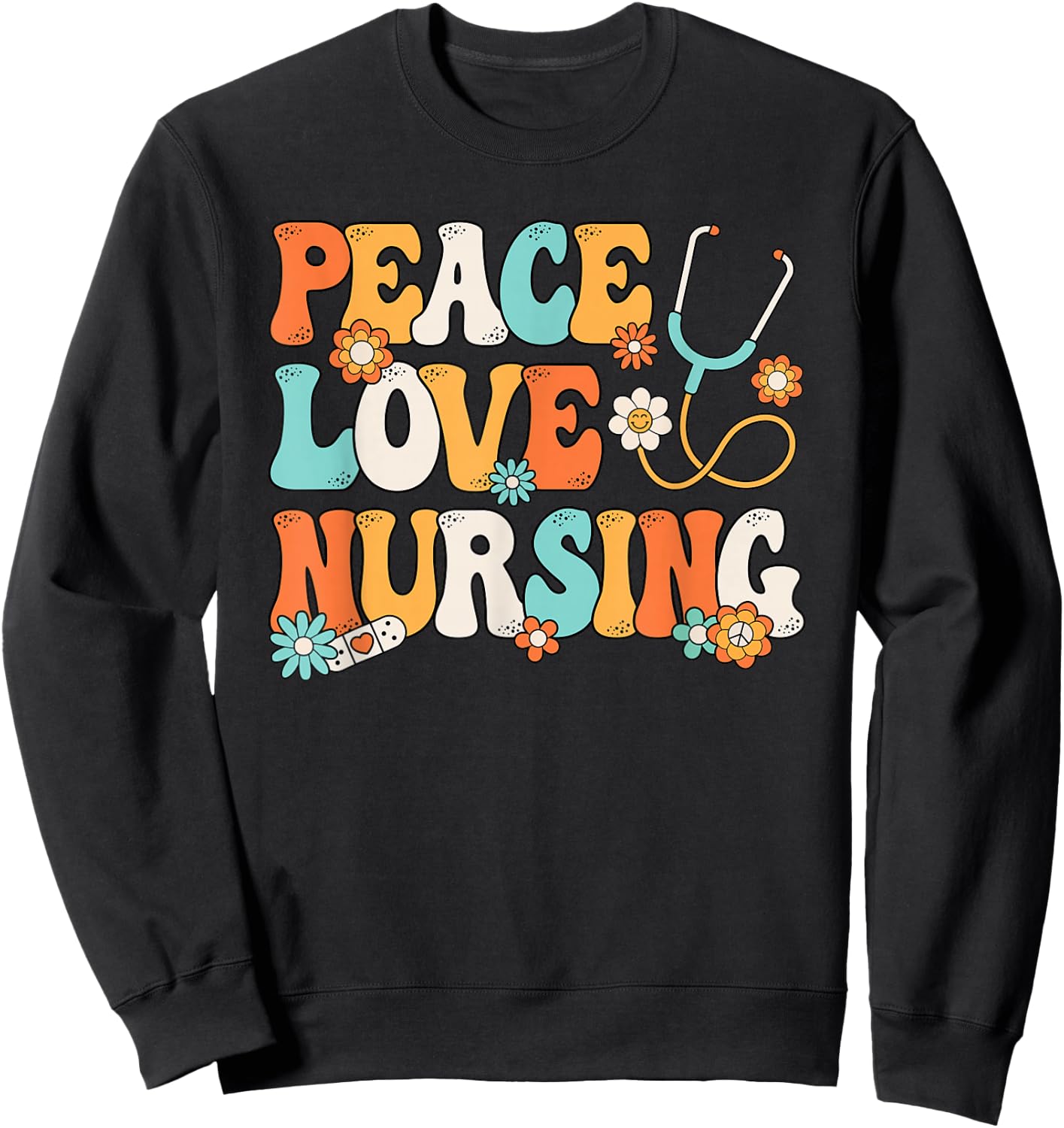Peace Love Nursing Groovy Nurse Women Girls Sweatshirt - Sweatshirt | Black