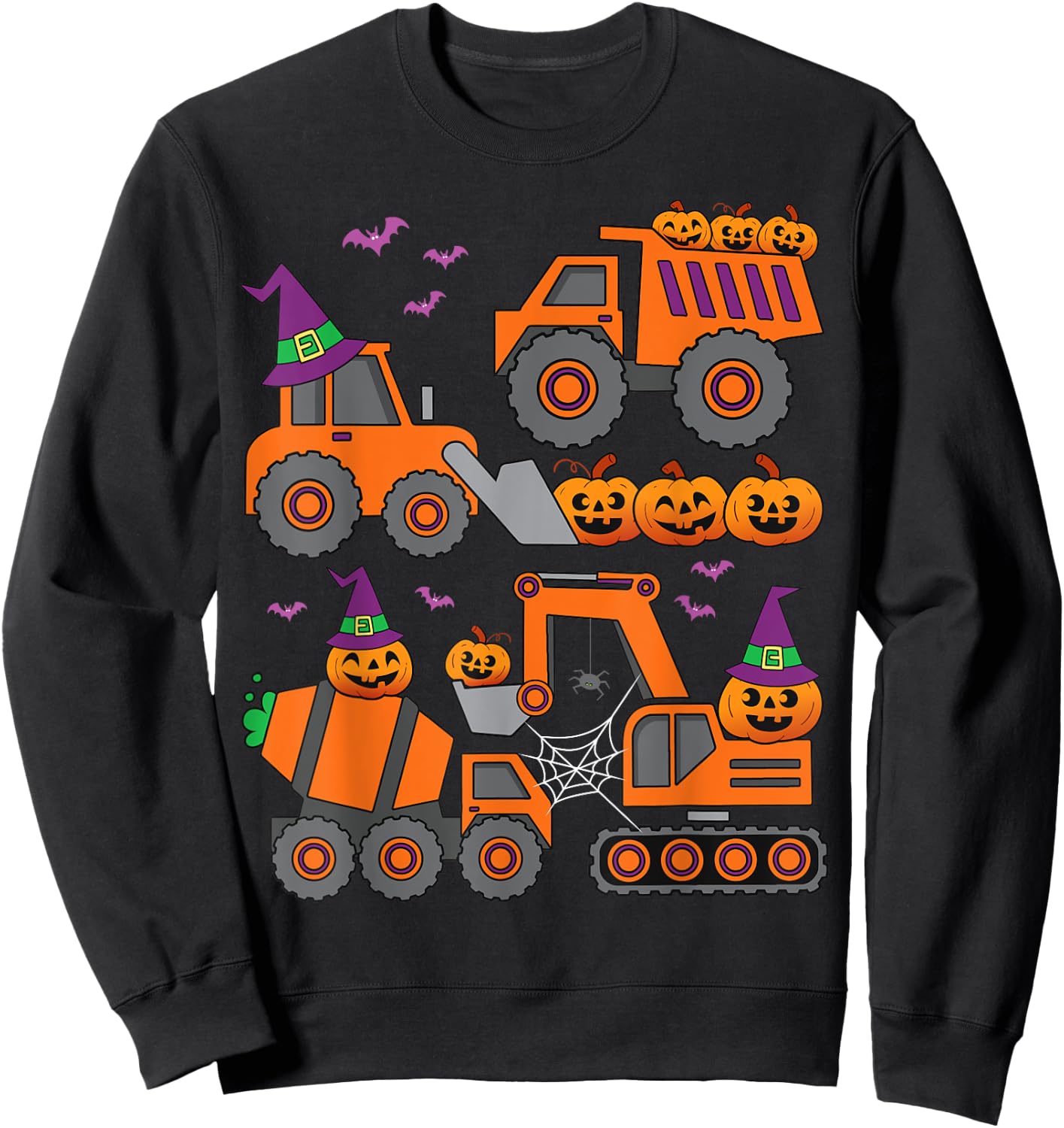 Pumpkin Halloween Construction Vehicle Excavator Truck Kids Sweatshirt - Sweatshirt | Black