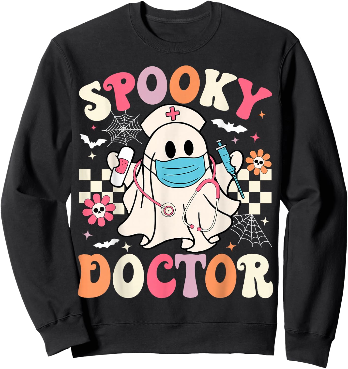 Spooky Doctor Ghost Halloween Cute Groovy Doctor Halloween Sweatshirt - Sweatshirt | Black