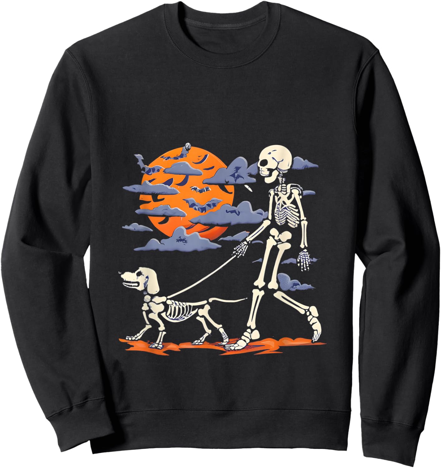 Skeleton man Skeleton Dog Walking Halloween Costume moon Sweatshirt - Sweatshirt | Black