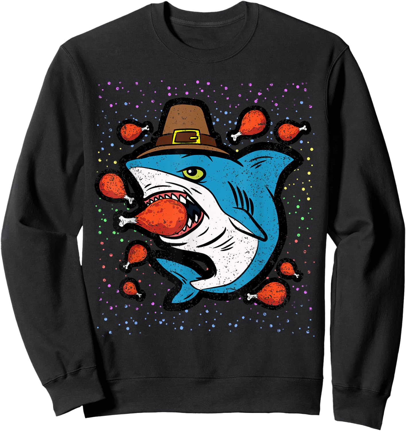 Shark Eating Turkey Leg Thanksgiving Day Funny Fall Autumn Sweatshirt - Sweatshirt | Black