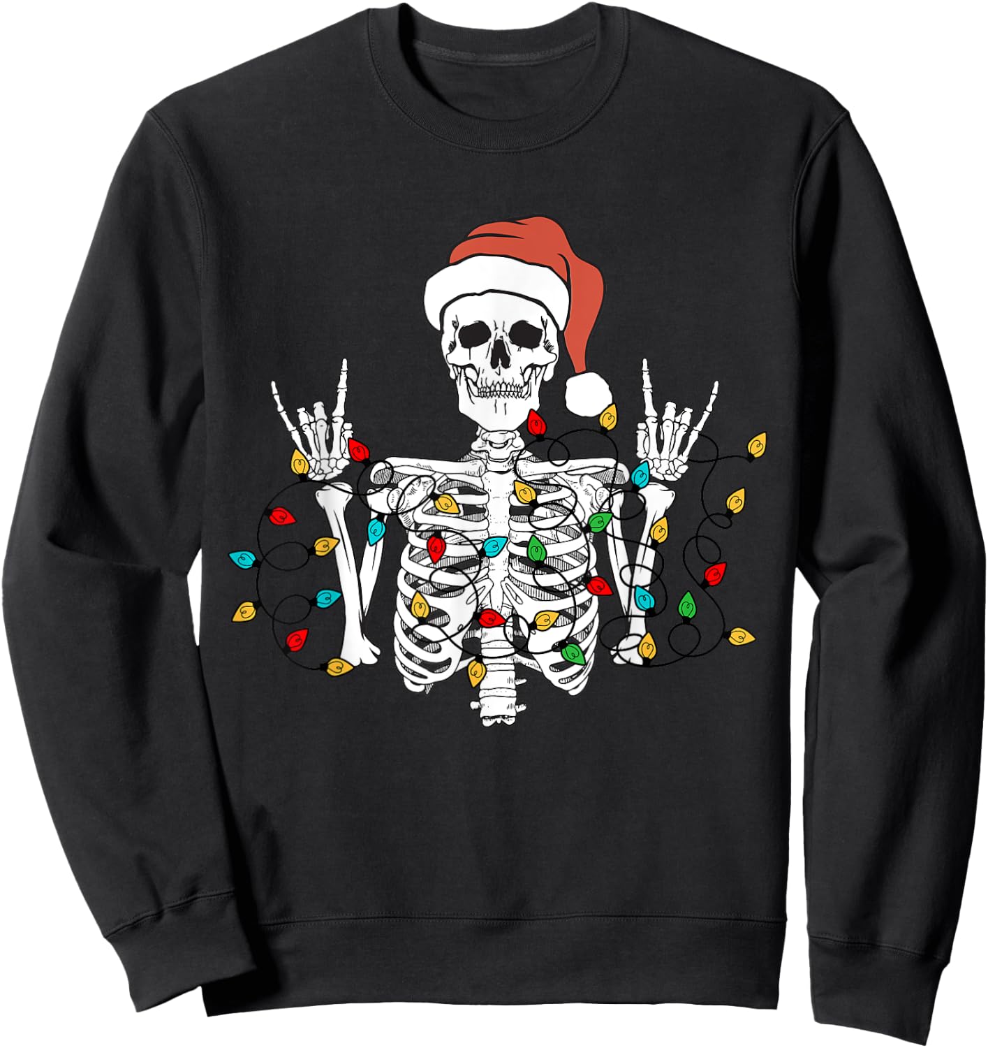 Christmas Skeleton Rocker Wrapped in Xmas Lights Santa Hat Sweatshirt - Sweatshirt | Black