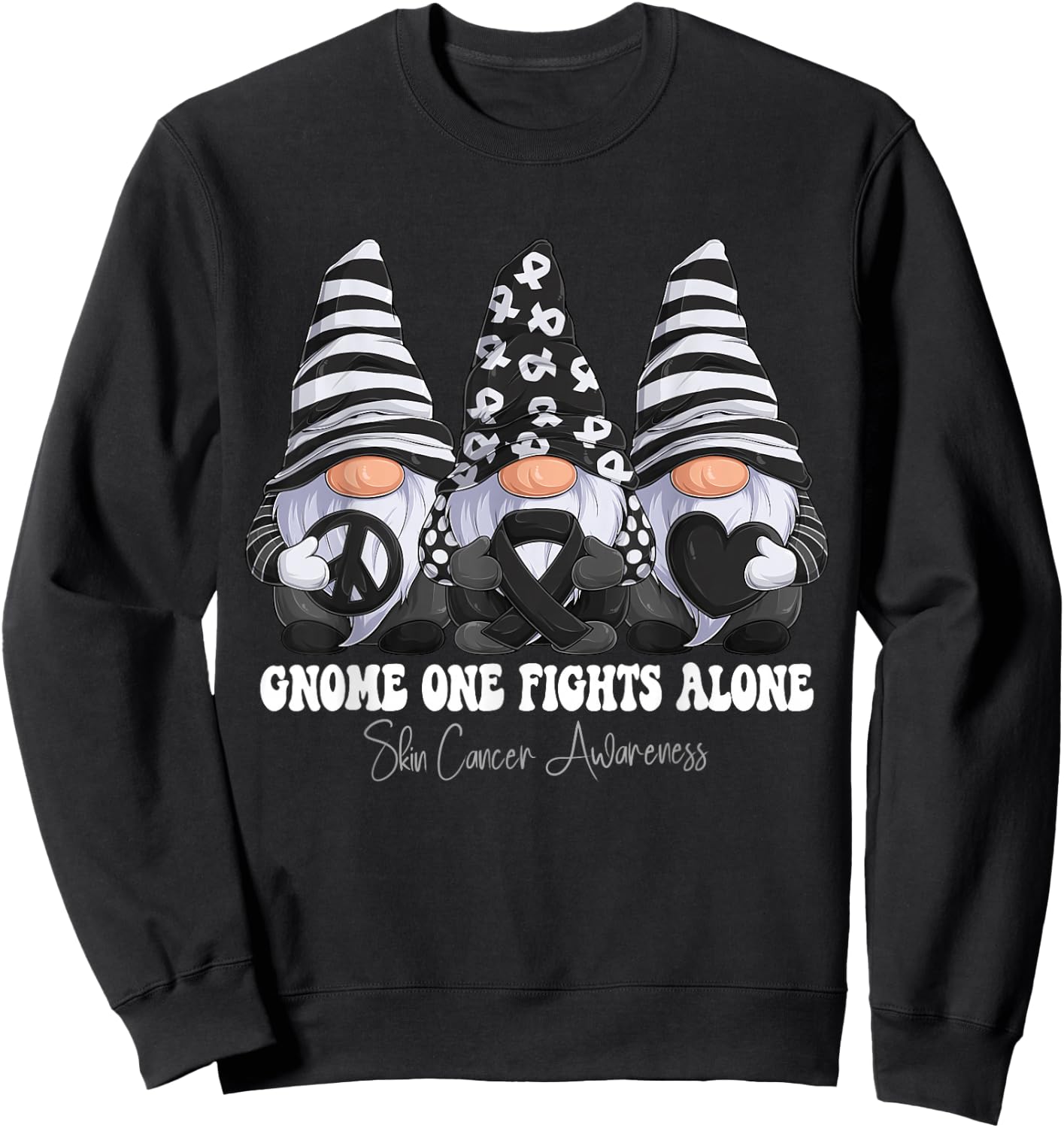 Skin Cancer Awareness Month Black Ribbon Gnomies Support Sweatshirt - Sweatshirt | Black