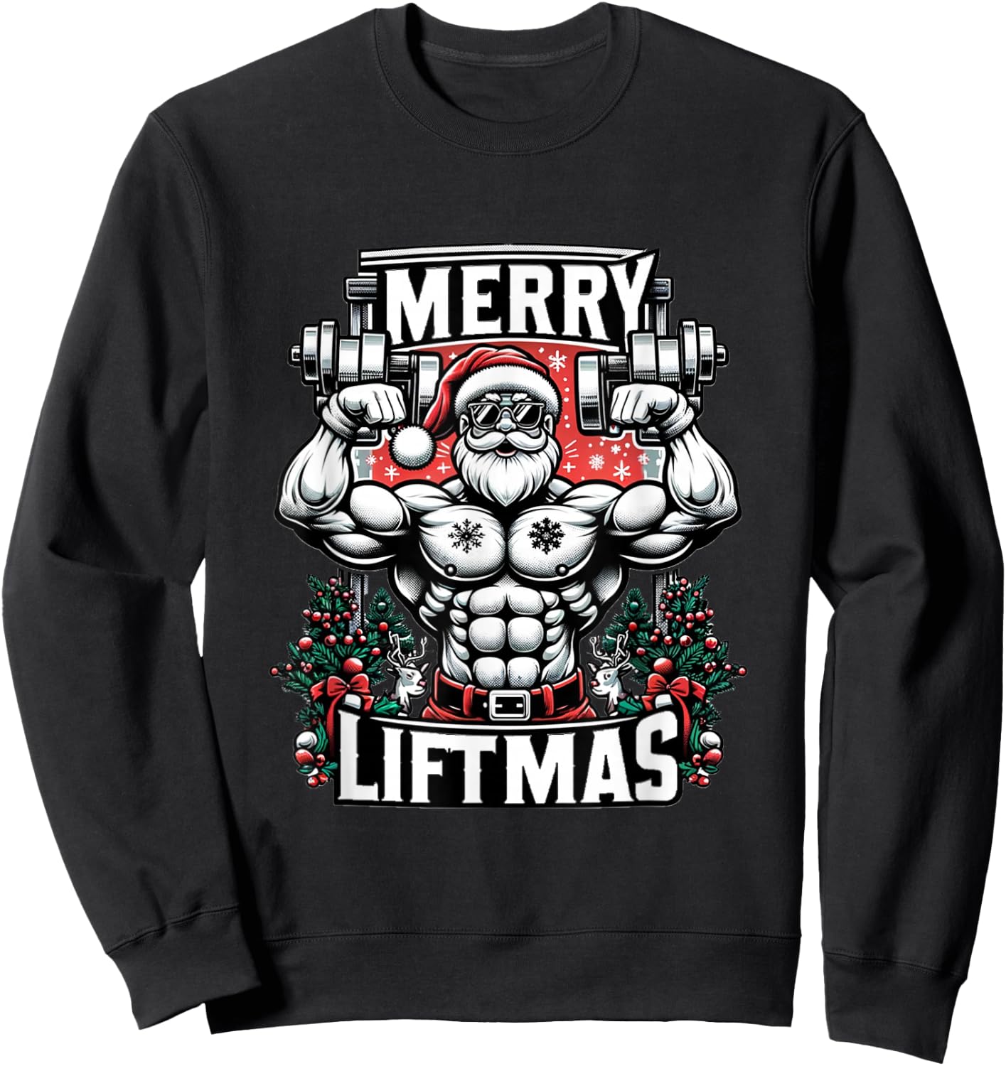 Merry Liftmas Christmas Fitness Madness Gym Santa BB Posing Sweatshirt - Sweatshirt | Black