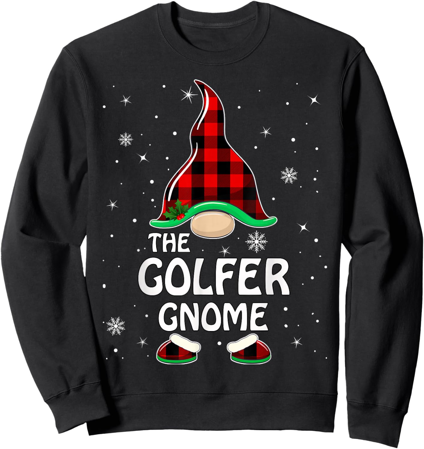 Golfer Gnome Buffalo Plaid Matching Family Christmas Pajama Sweatshirt - Sweatshirt | Black
