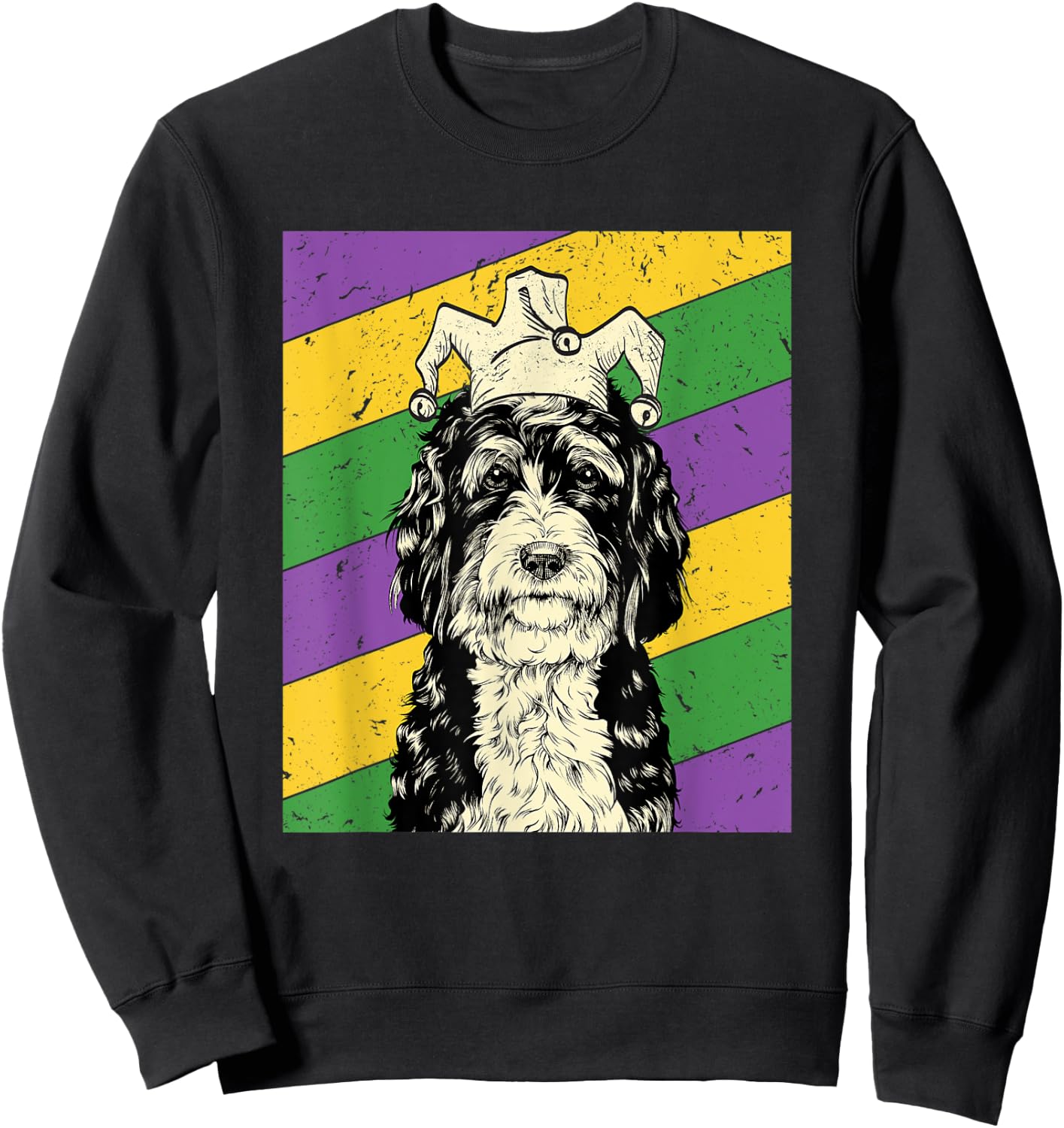 Bernedoodle Jester Funny Mardi Gras Doodle Dog Mom or Dad Sweatshirt - Sweatshirt | Black