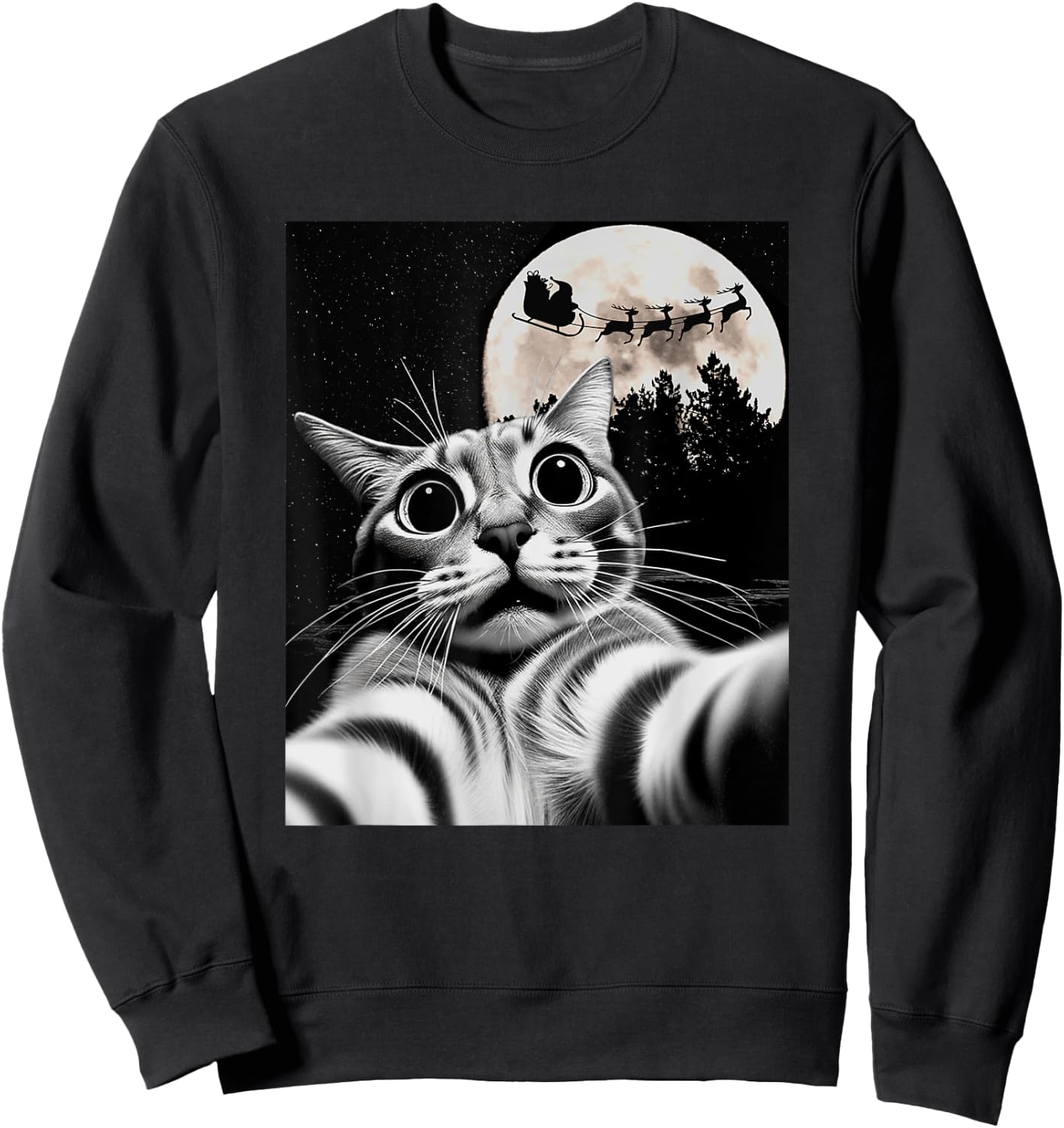 Men Women Kids Christmas Proof Santa is Real Cat Selfie Sweatshirt - Sweatshirt | Black