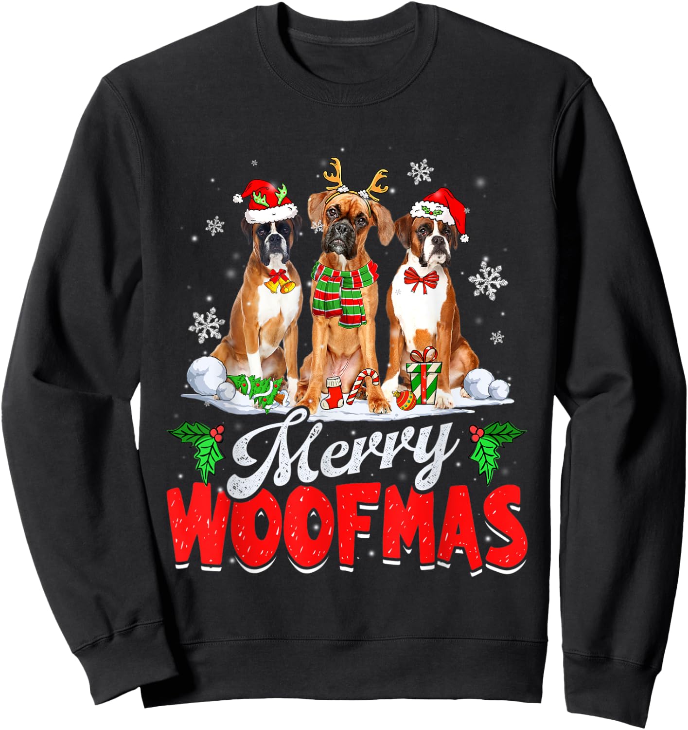 Merry Woofmas Boxer Dog Christmas Dog Lover Xmas Sweatshirt - Sweatshirt | Black