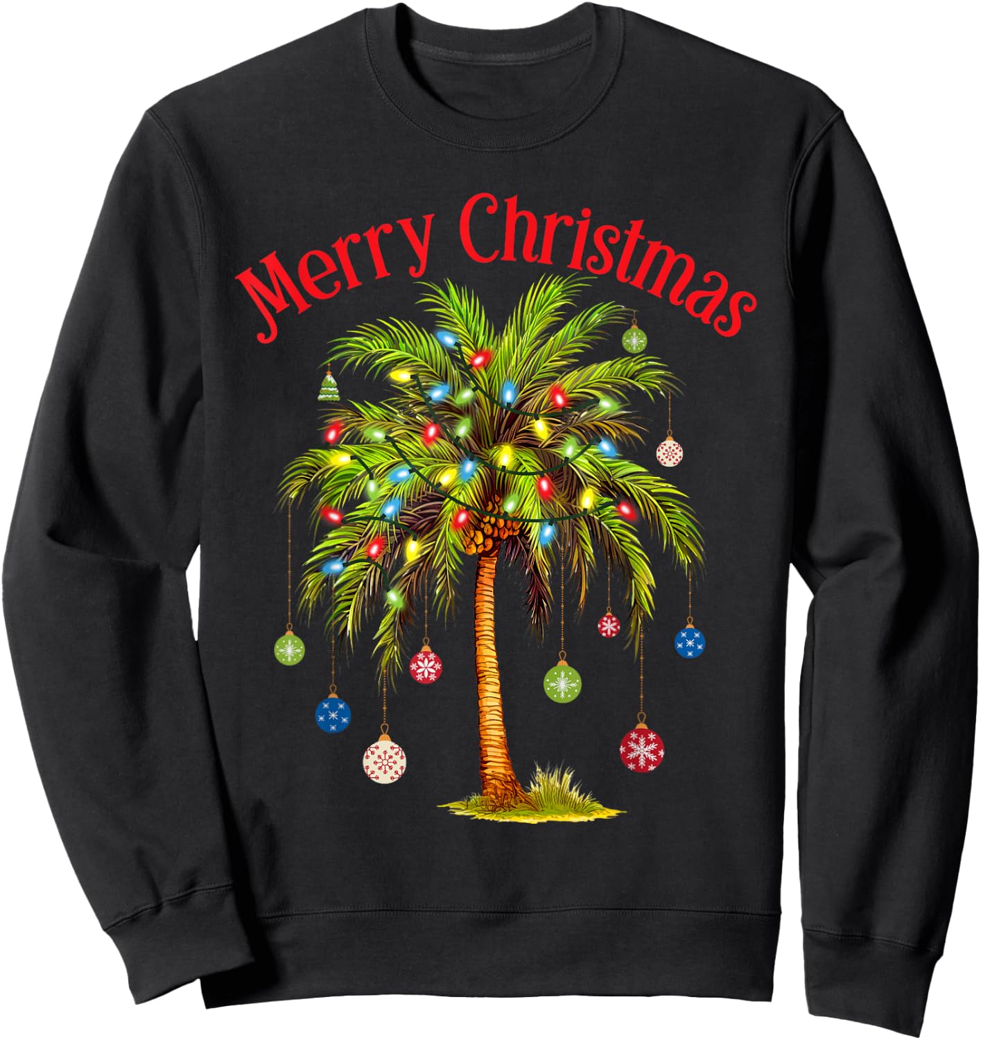 Merry Christmas Palm Tree Light Hawaiian Tropical Christmas Sweatshirt - Sweatshirt | Black