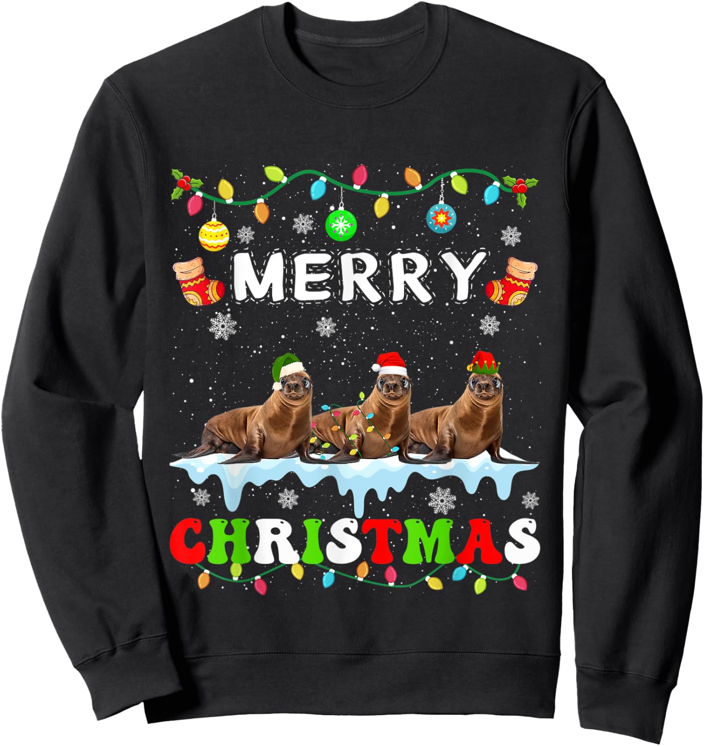 Funny Sea lion Christmas Squad Xmas Women Men Kids Sweatshirt - Sweatshirt | Black