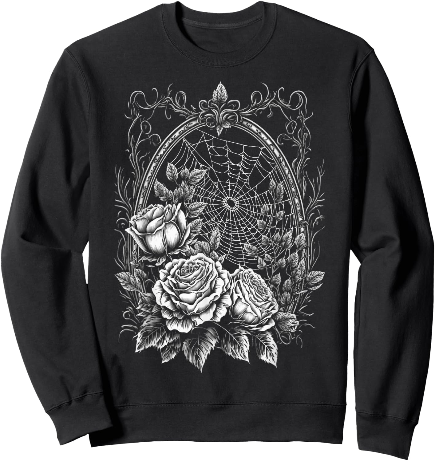 Spider Web With Frame And Roses Halloween Goth Nature Witch Sweatshirt - Sweatshirt | Black