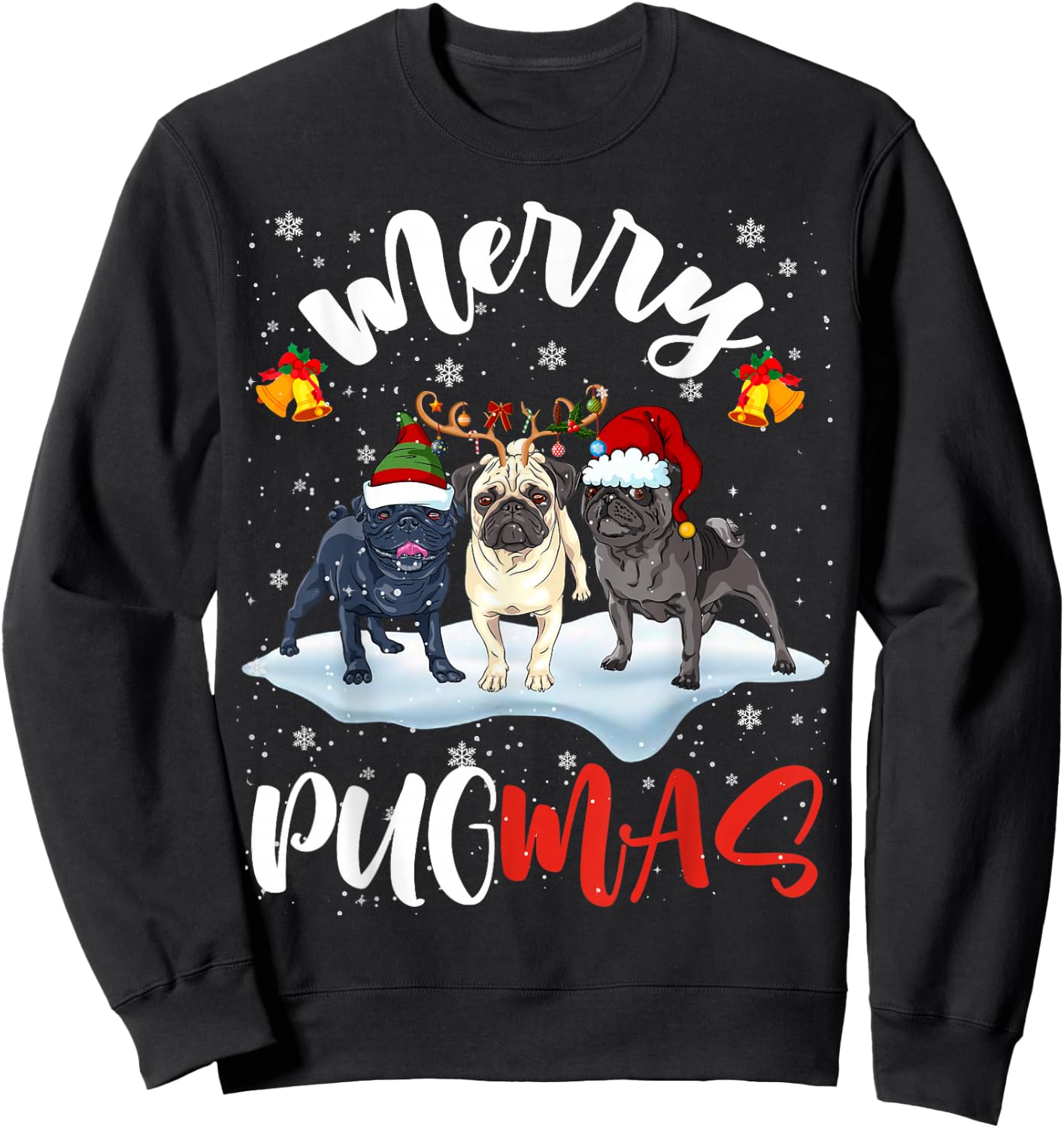 Merry Pugmas Funny Santa Reindeer Elf Pug Dog Christmas Sweatshirt - Sweatshirt | Black