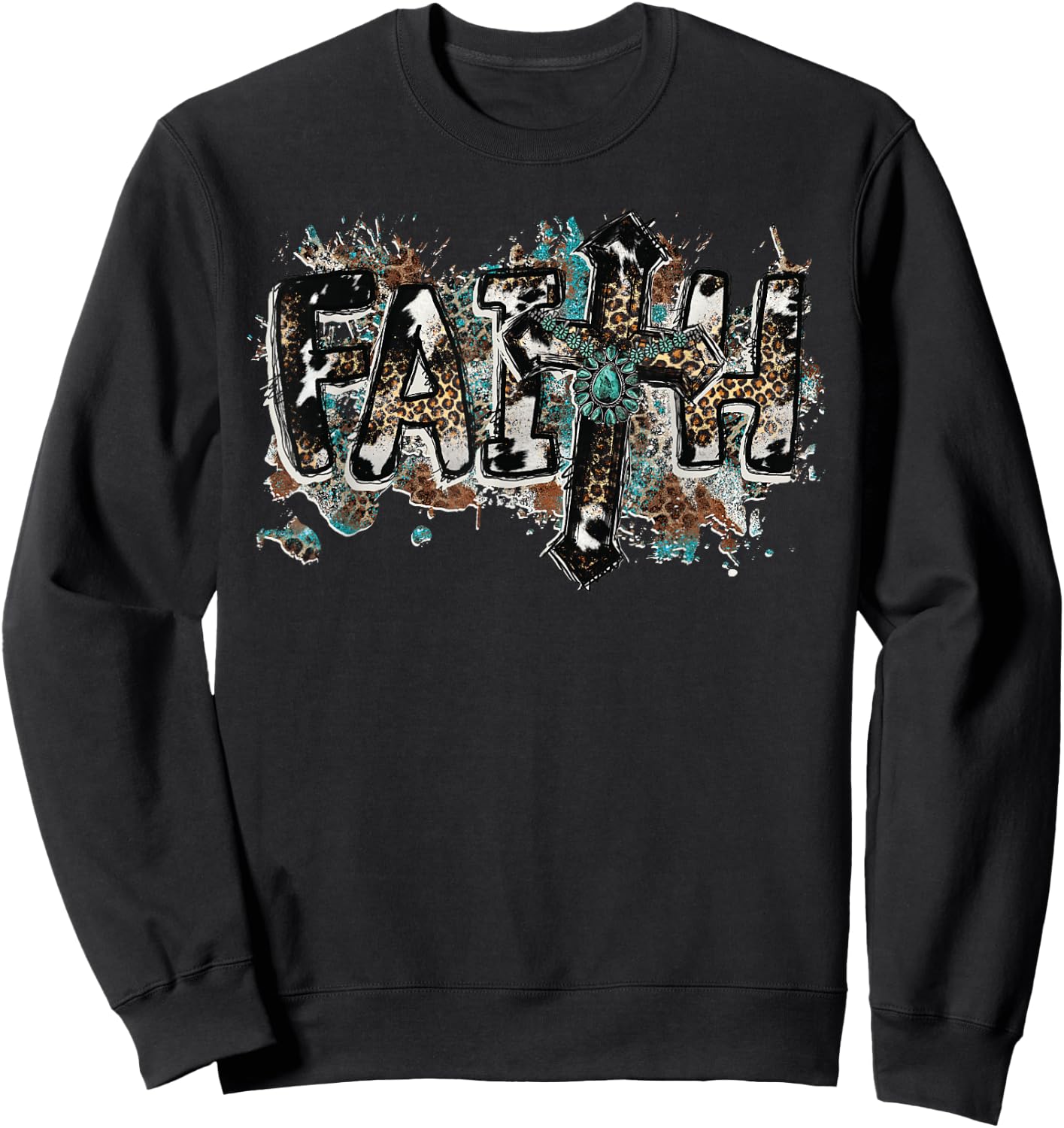 Grunge Faith T Christian Turquoise Leopard Faith Cross Jesus Sweatshirt - Sweatshirt | Black