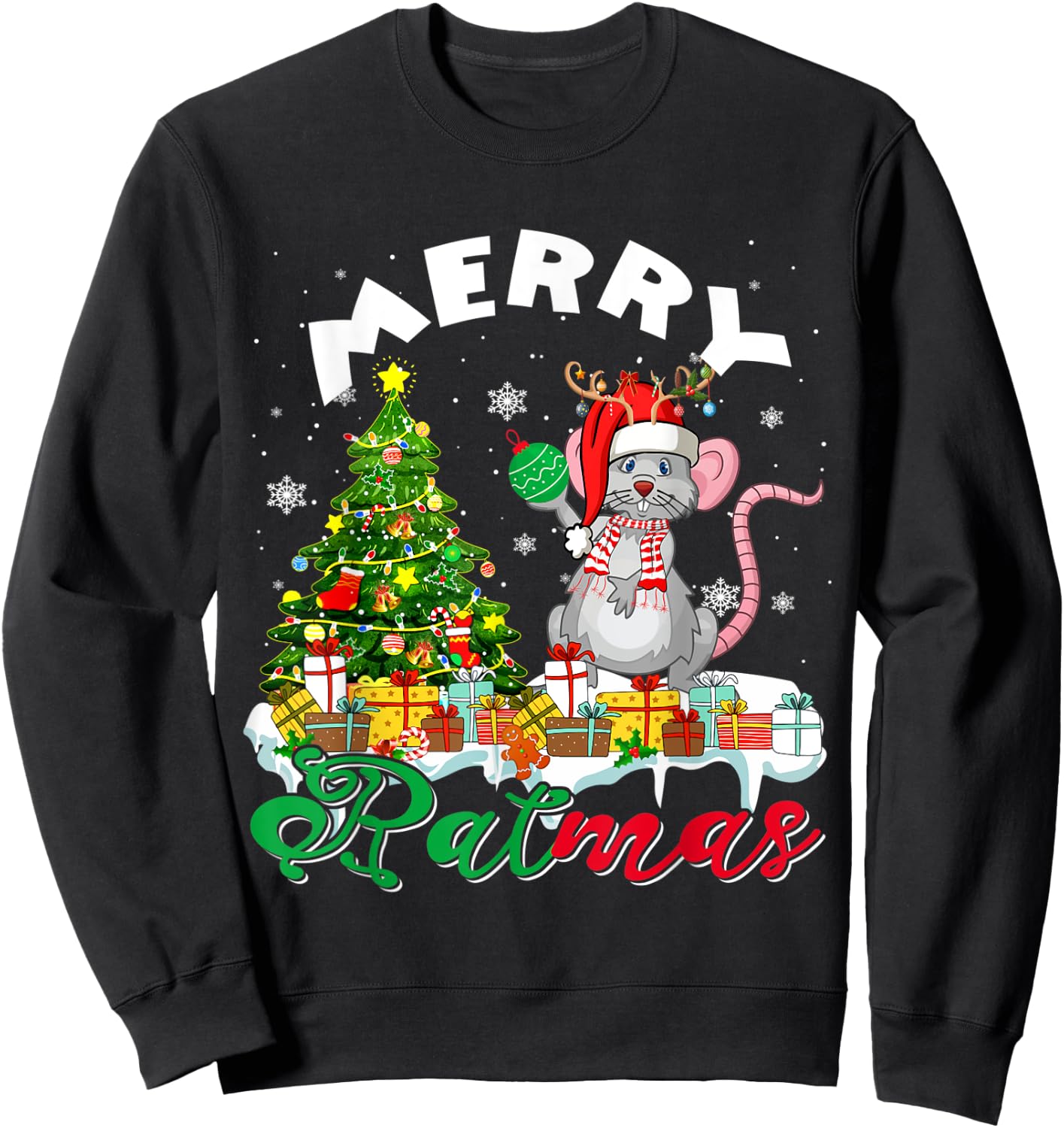 Merry Xmas Santa Reindeer Rat Sitting With Xmas Presents Sweatshirt - Sweatshirt | Black