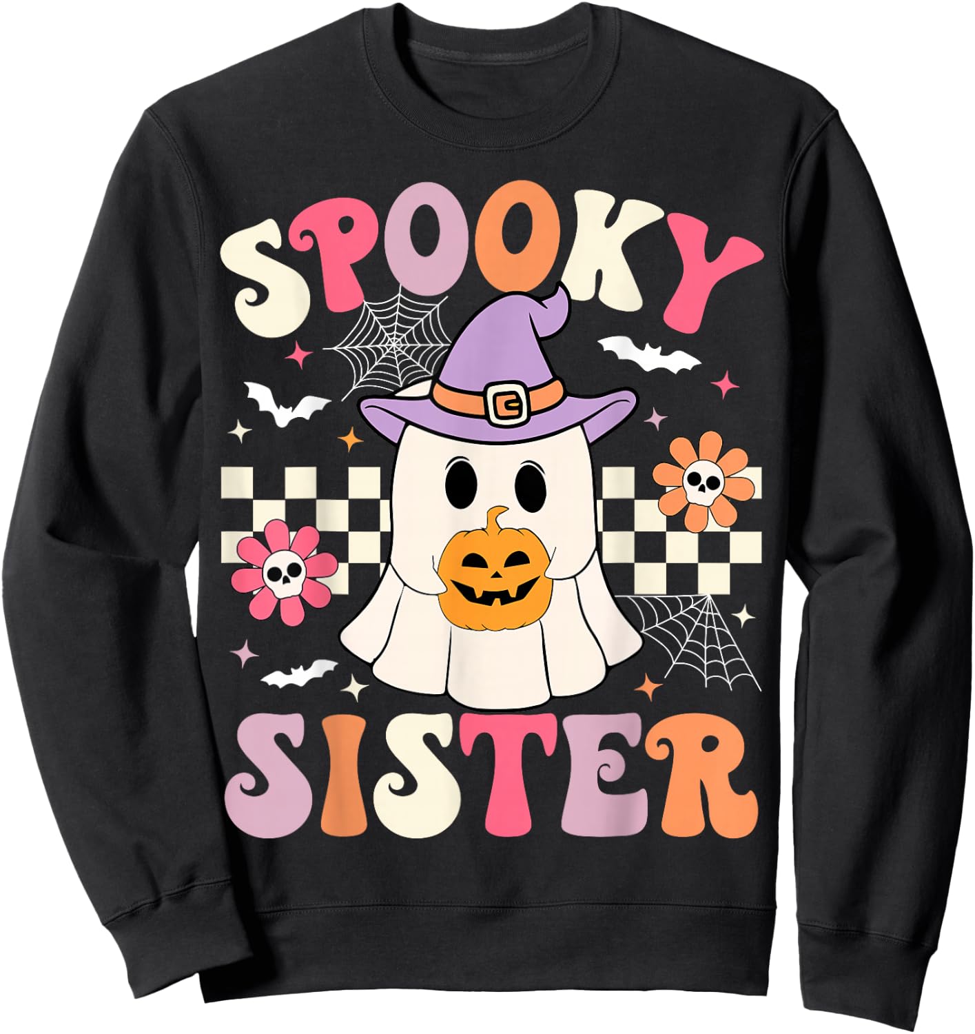 Groovy Spooky Sister Retro Ghost Holding Pumpkin Halloween Sweatshirt - Sweatshirt | Black