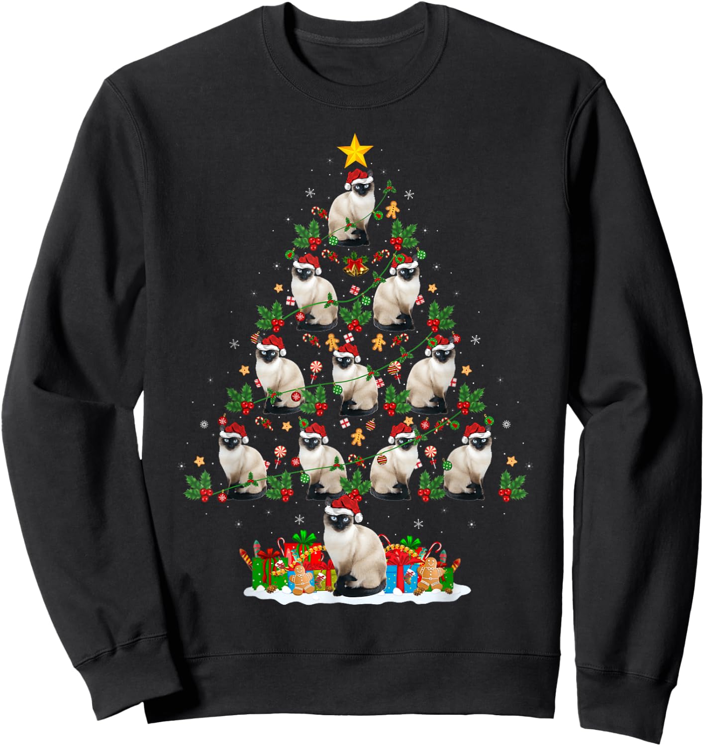 Lighting Xmas Holiday Santa Balinese Cat Christmas Tree Women Kids Sweatshirt - Sweatshirt | Black
