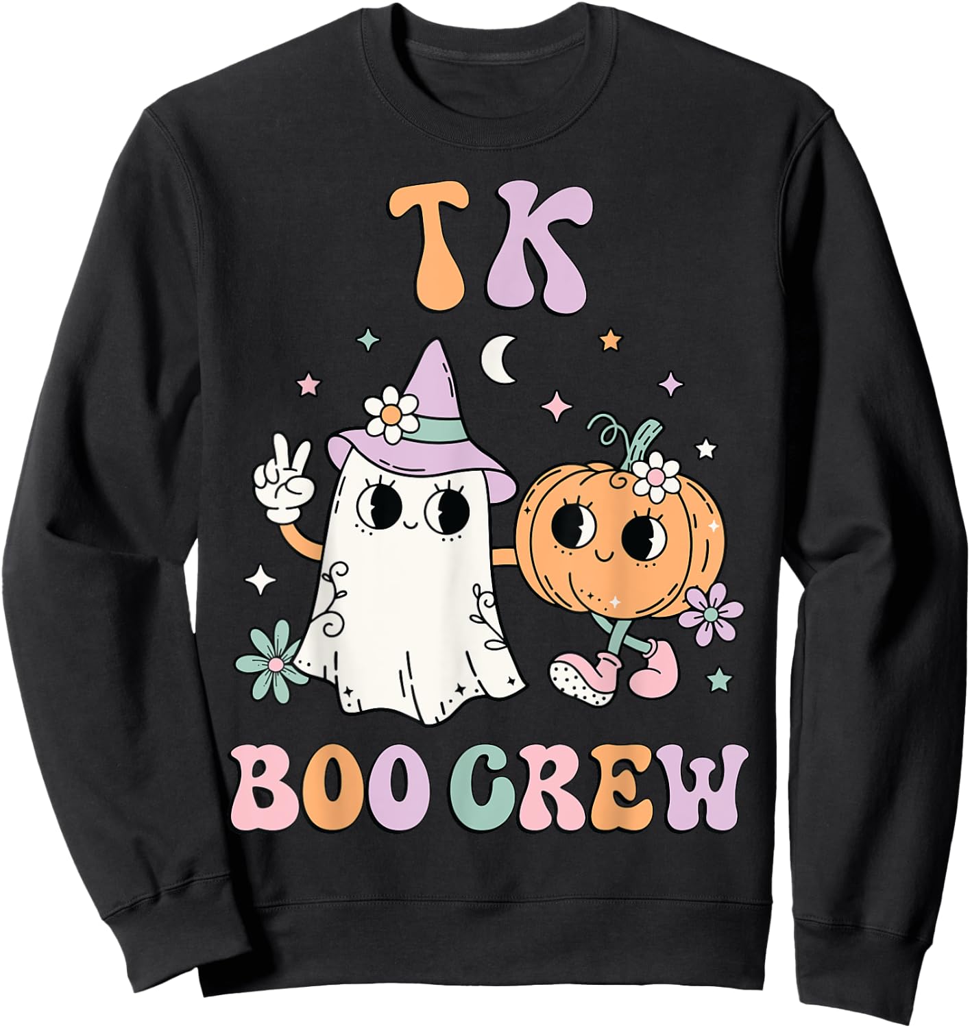 TK Boo Crew Retro Groovy Halloween Floral Ghost TK Teacher Men Women Kids Sweatshirt - Sweatshirt | Black
