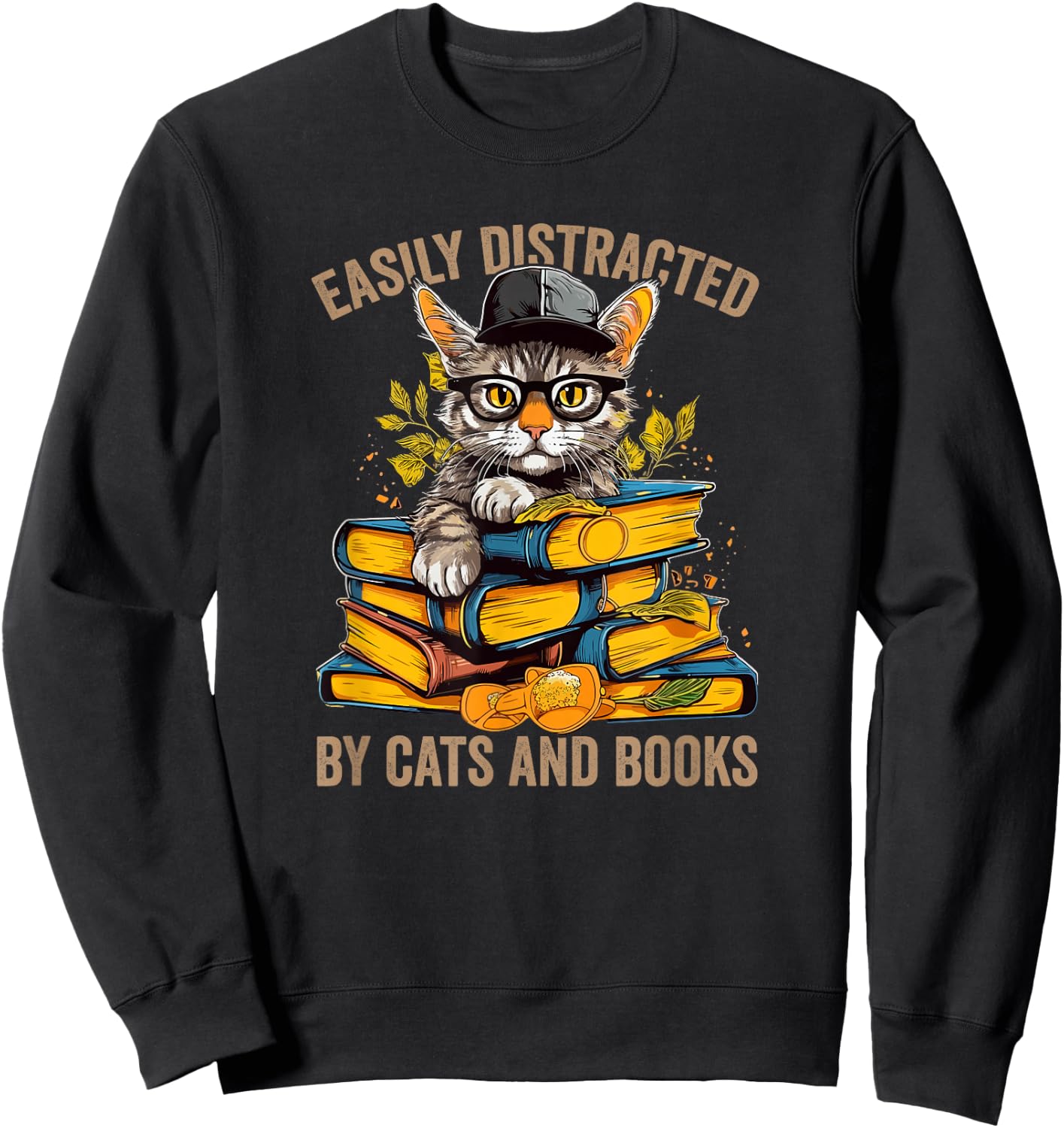 Easily Distracted by Cats and Books Book Reading Lovers Sweatshirt - Sweatshirt | Black