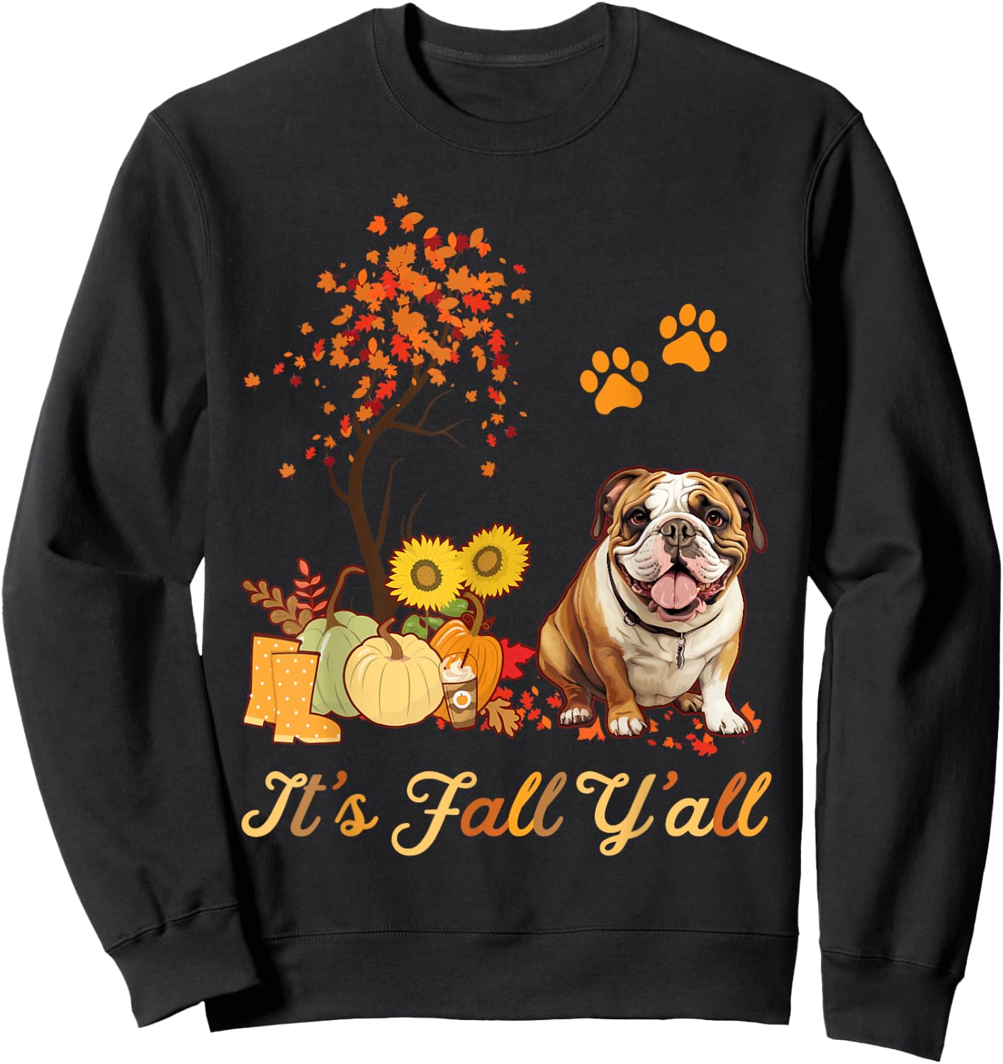 English Bulldog Fall Leaves Autumn Maple Tree Thanksgiving Sweatshirt - Sweatshirt | Black