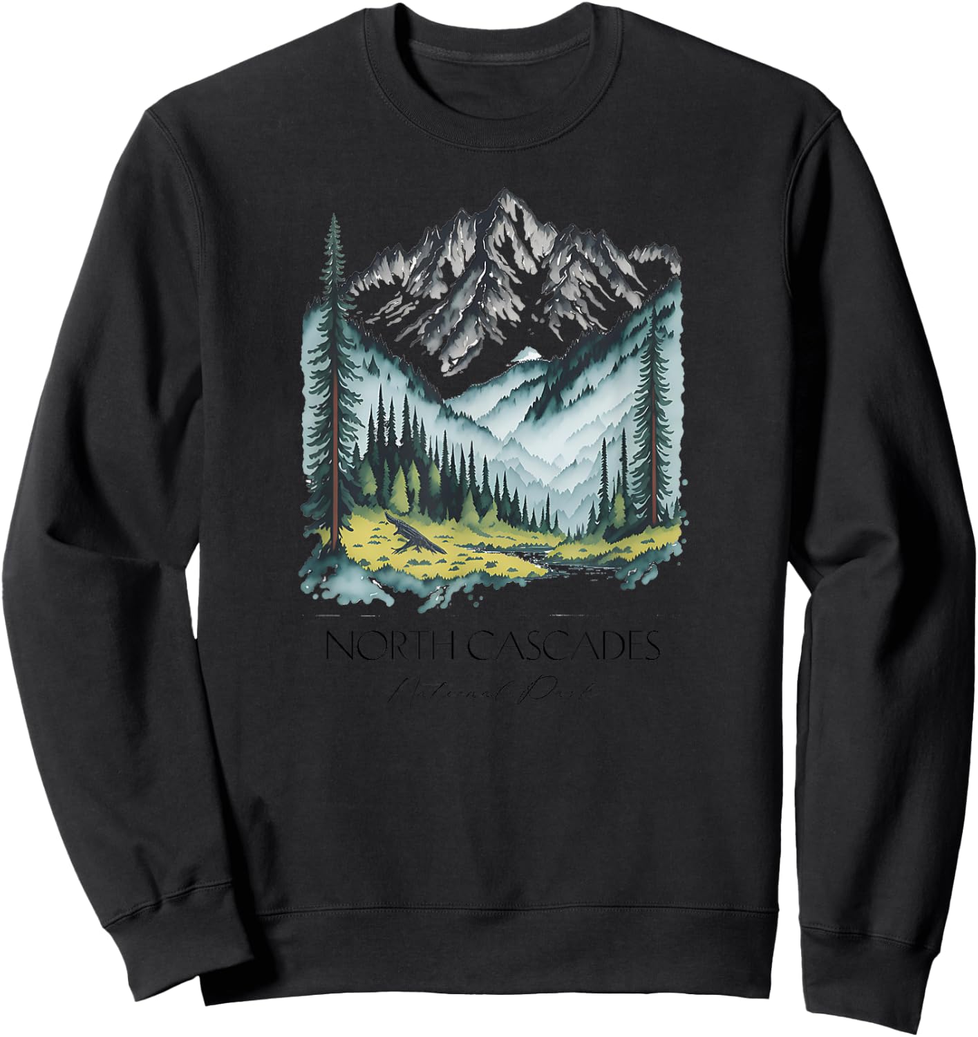 Cool North Cascades National Park Hiking Watercolor Graphic Sweatshirt - Sweatshirt | Black
