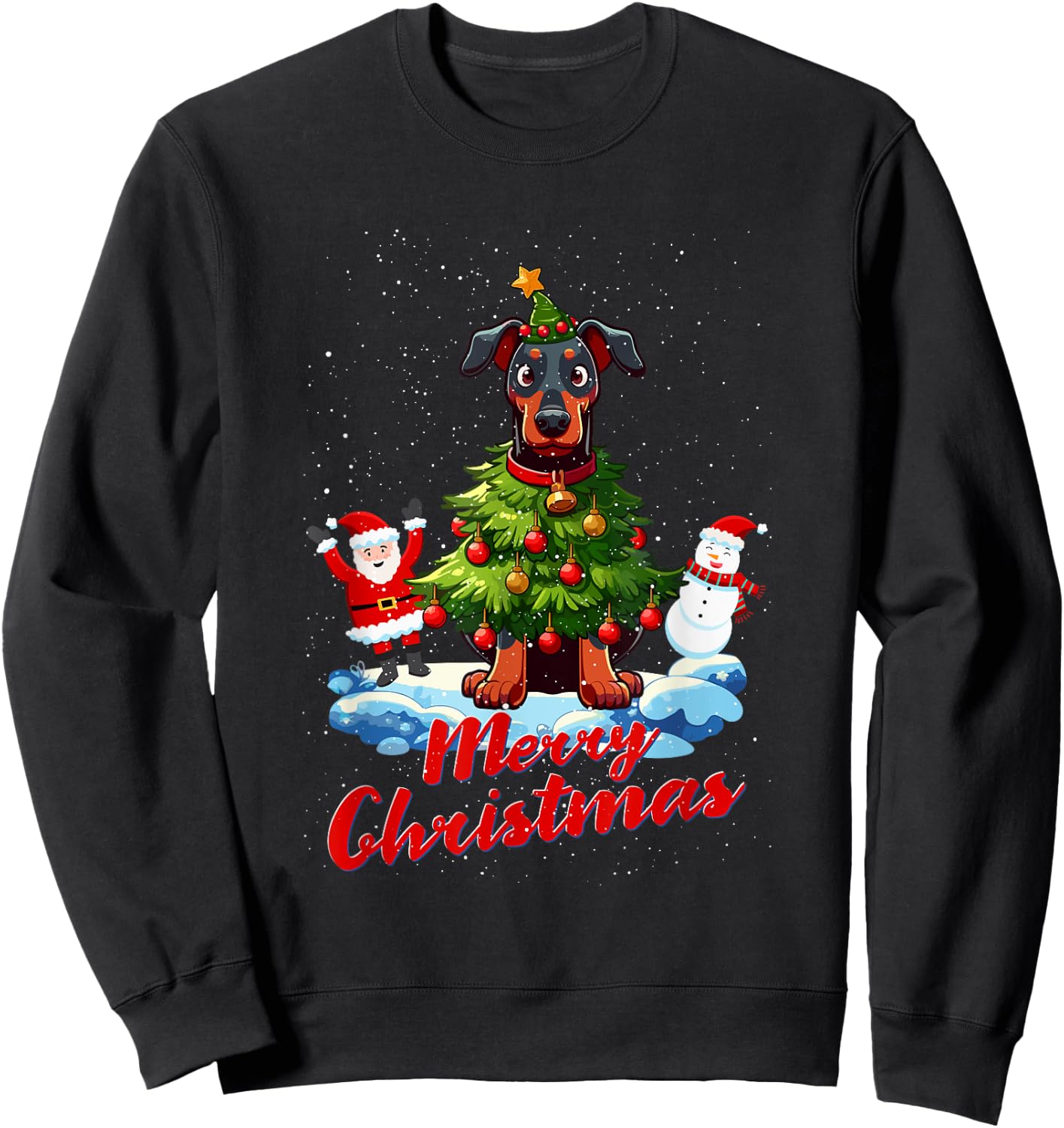 Doberman Merry Christmas Tree Lights Dog X-Mas Dogs Sweatshirt - Sweatshirt | Black