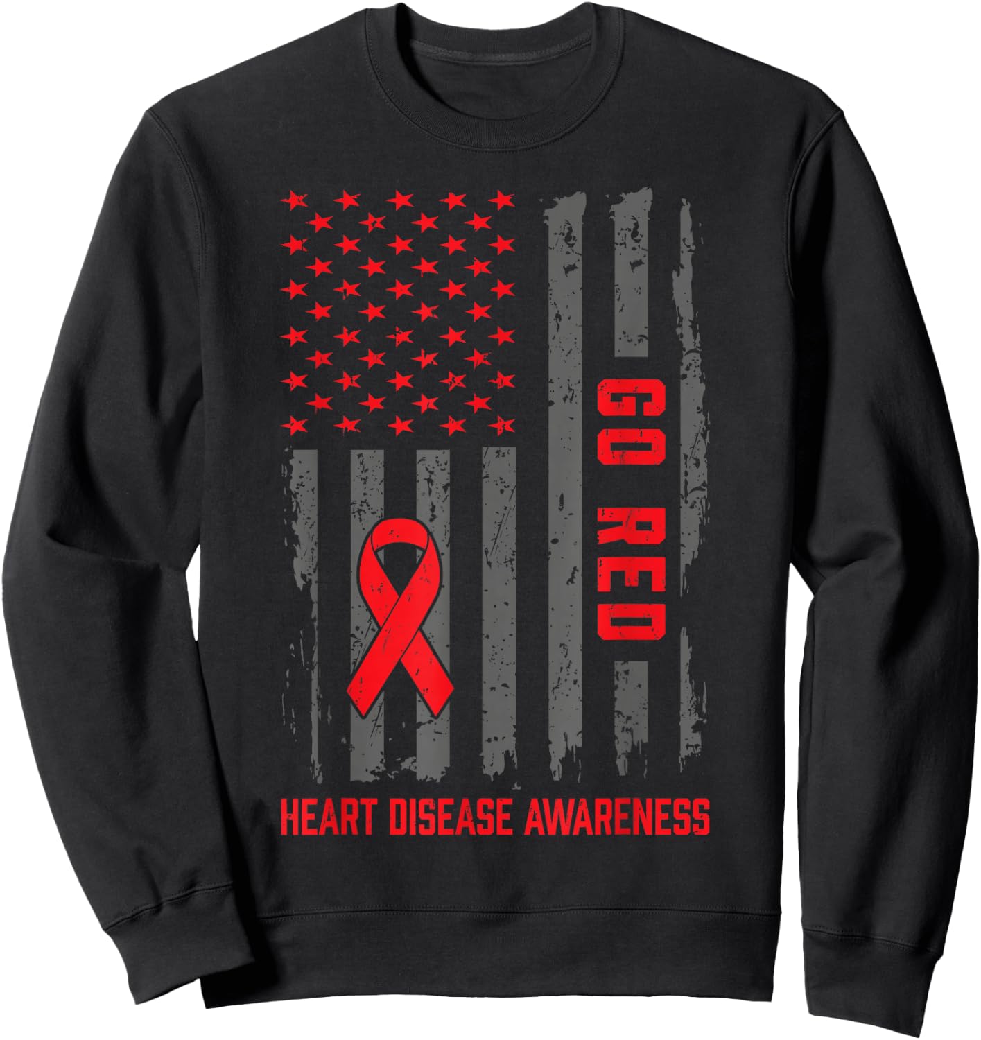 Heart Disease American Flag Go Red Heart Disease Awareness Sweatshirt - Sweatshirt | Black