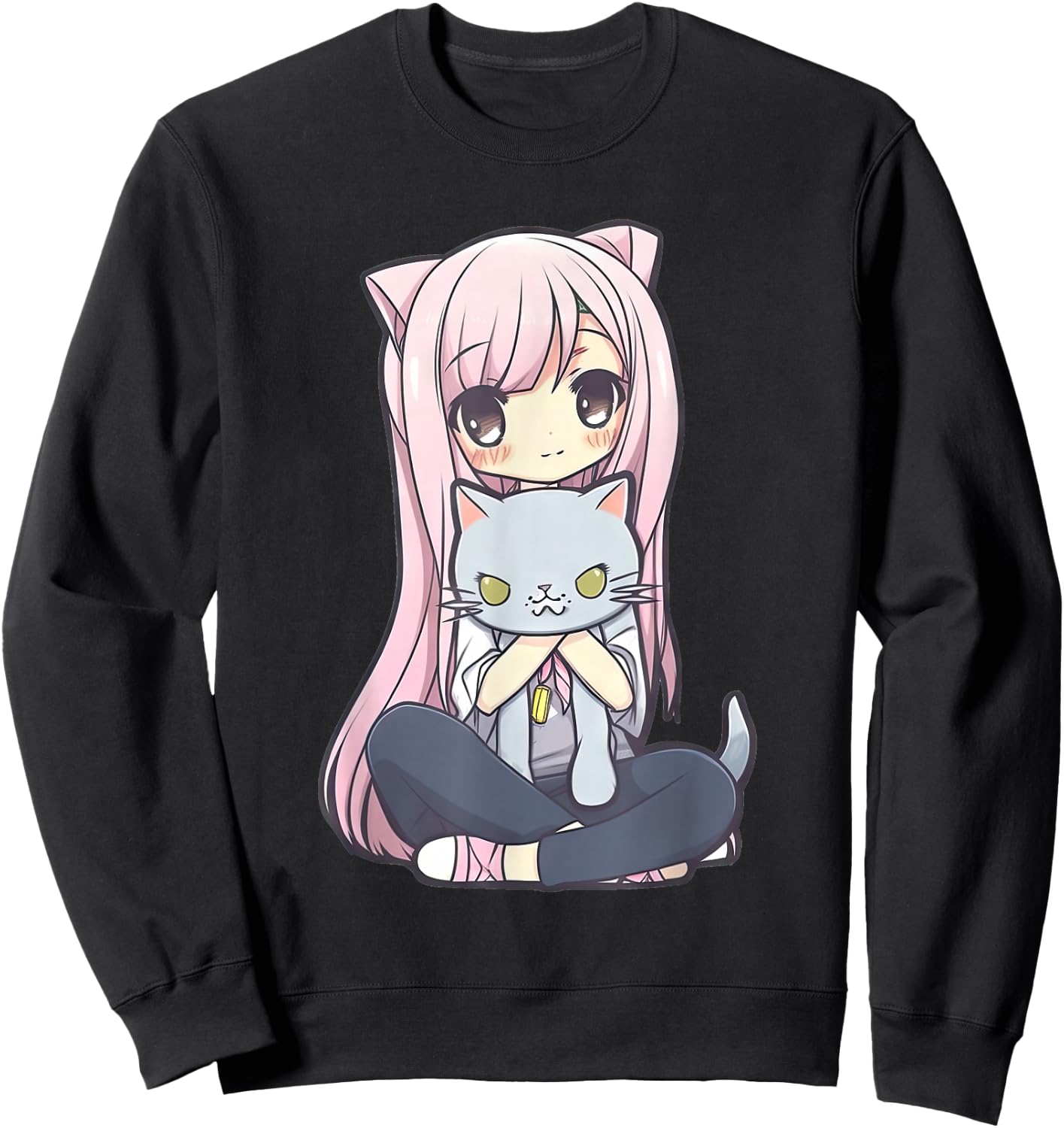 Anime and Cats Kawaii Cute Teen Otaku Girl with Cat Sweatshirt - Sweatshirt | Black