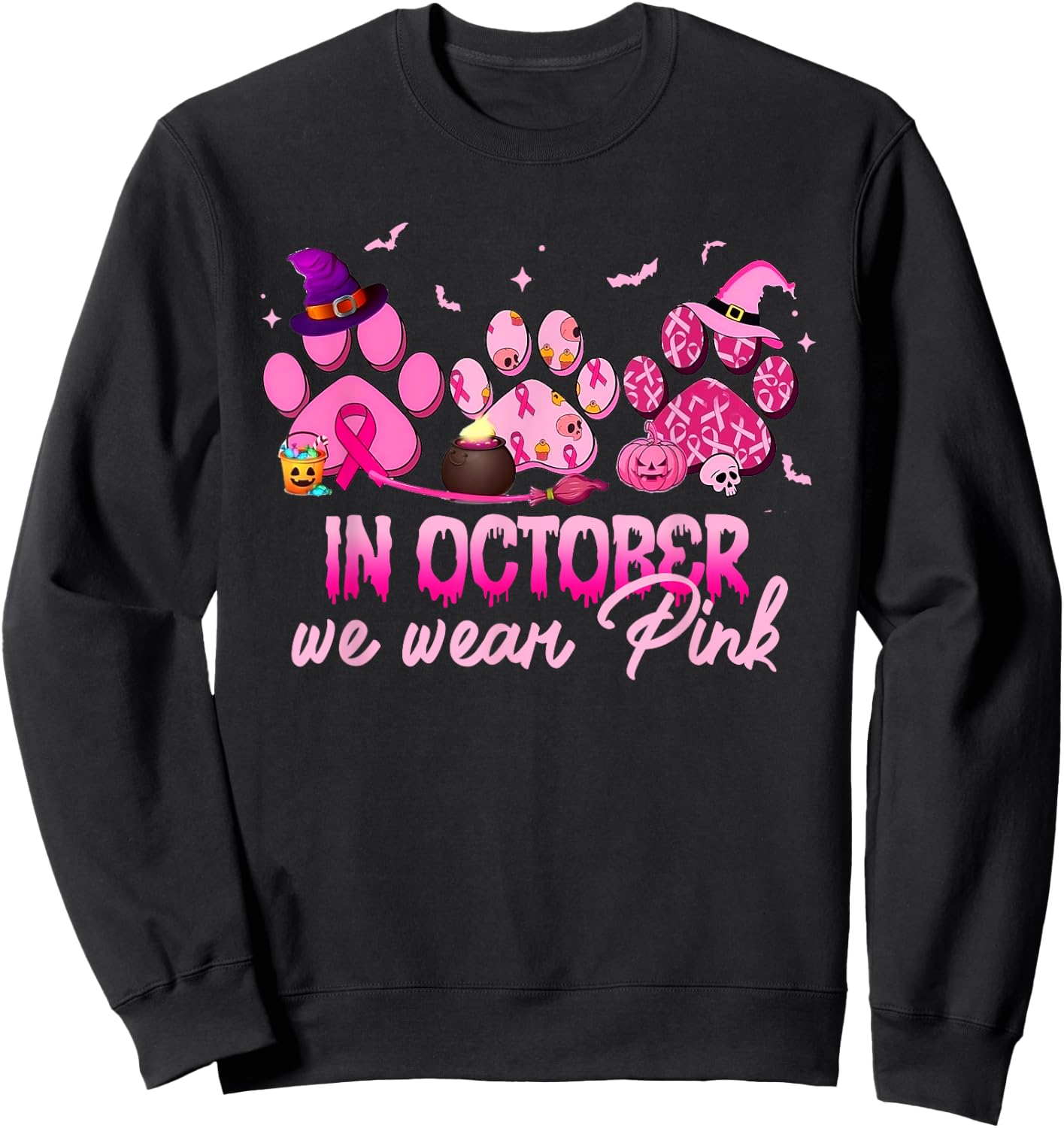 In October We Wear Pink Dog Cat Paw Breast Cancer Awareness Sweatshirt - Sweatshirt | Black