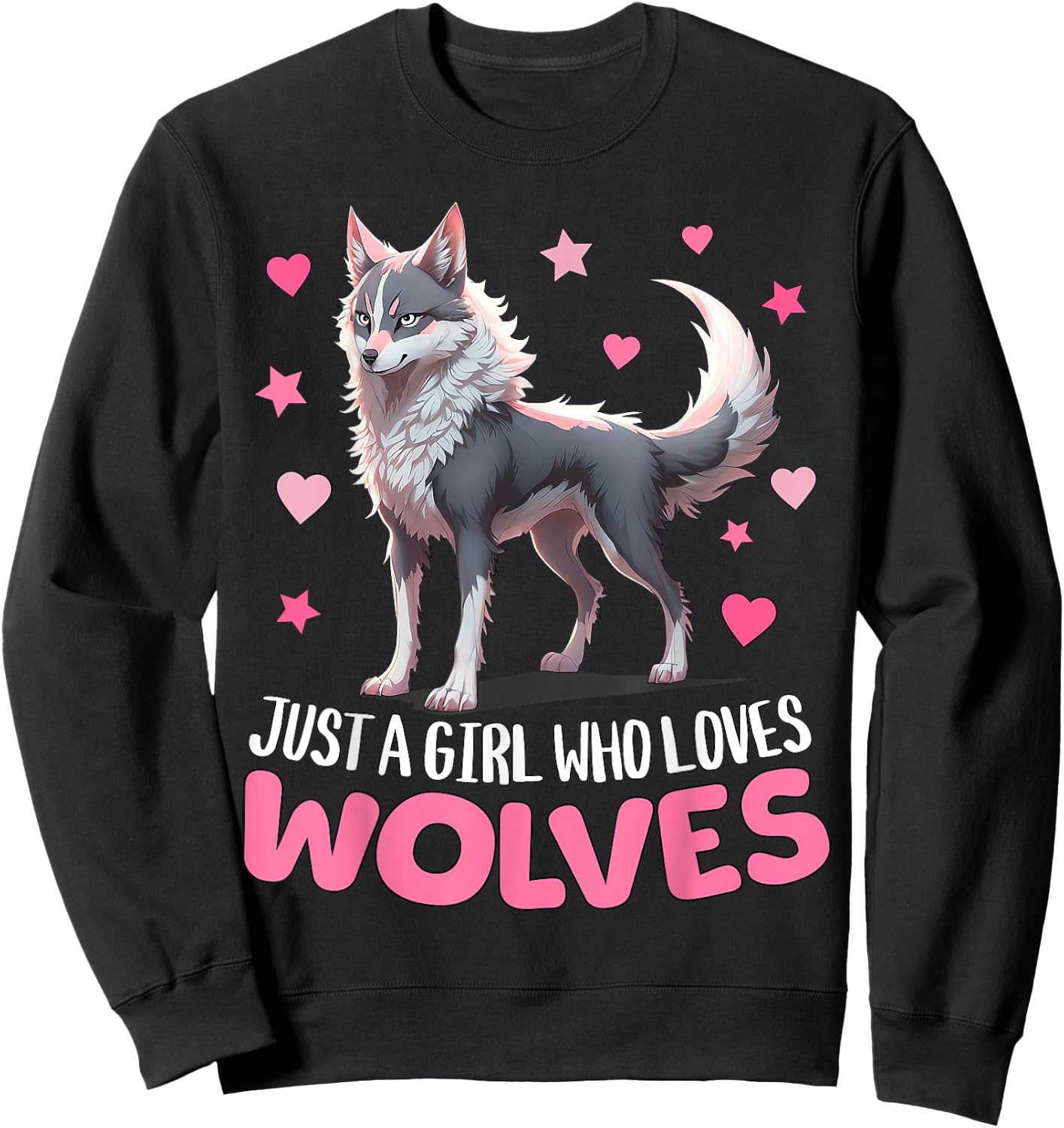 Just A Girl Who Loves Wolves - Cute Grey & Pink Cyber Wolf Sweatshirt - Sweatshirt | Black