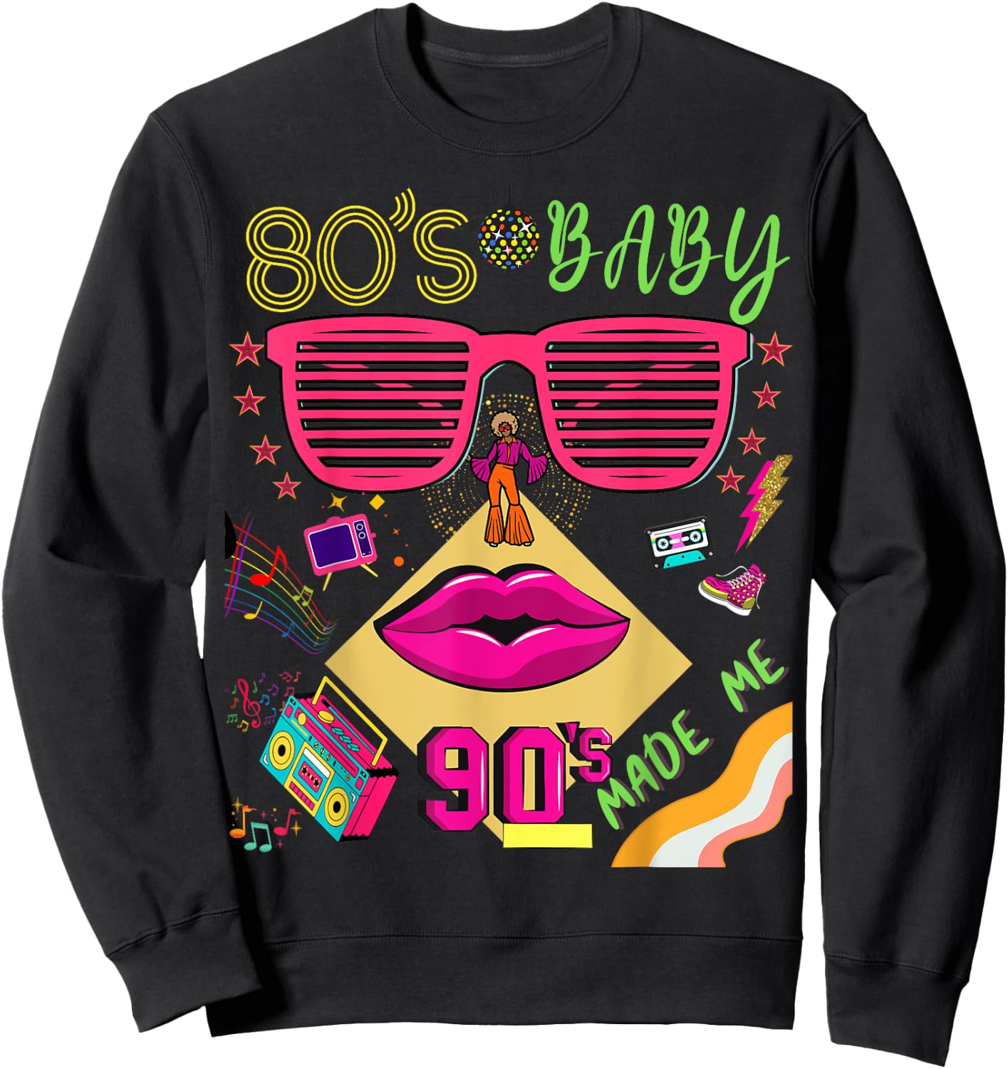Retro 80s Baby 90s Made Me Vintage 80's 90's For Lady Girls Sweatshirt - Sweatshirt | Black