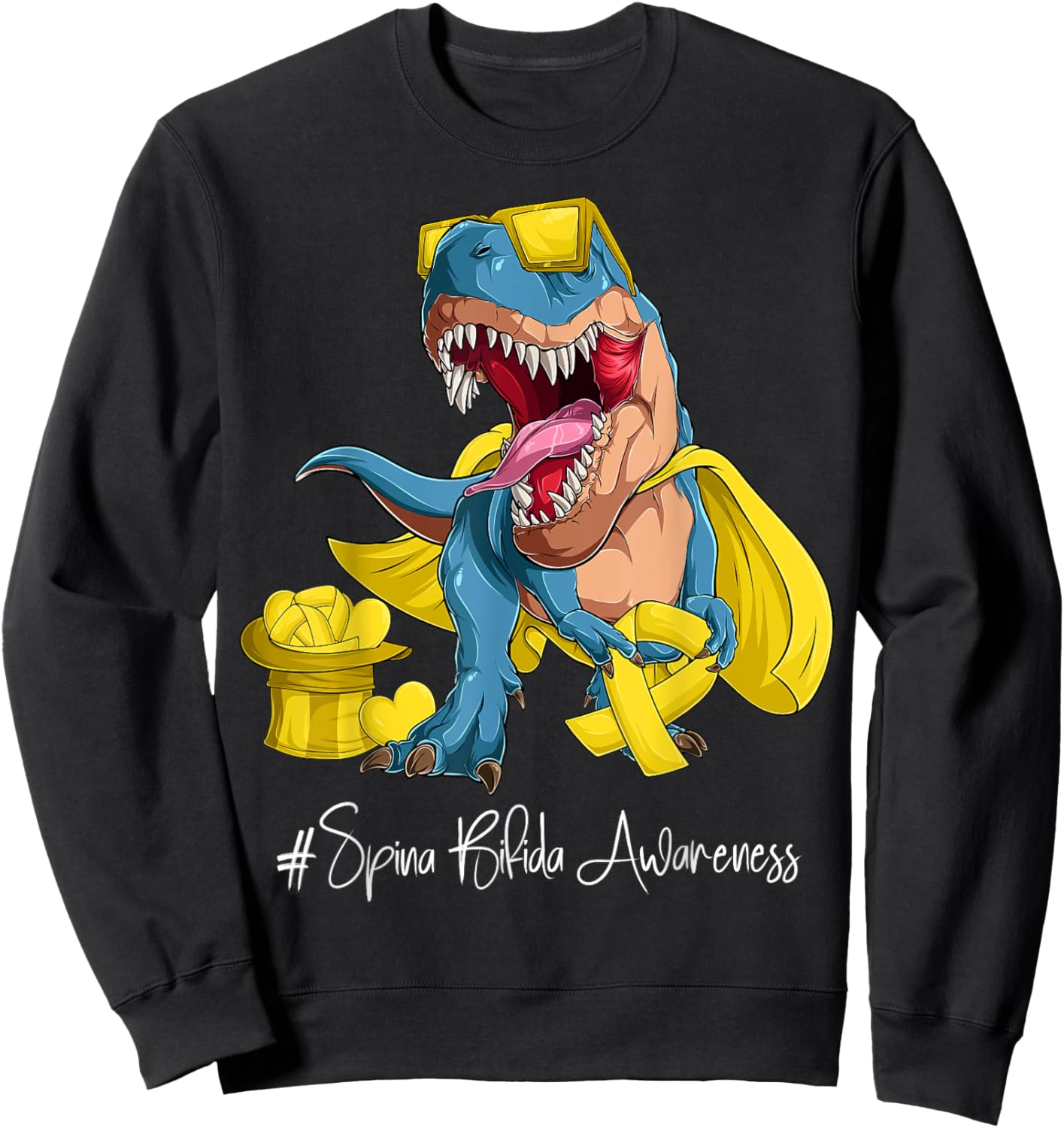 Spina Bifida Awareness Month Yellow Ribbon Trex Sweatshirt - Sweatshirt | Black