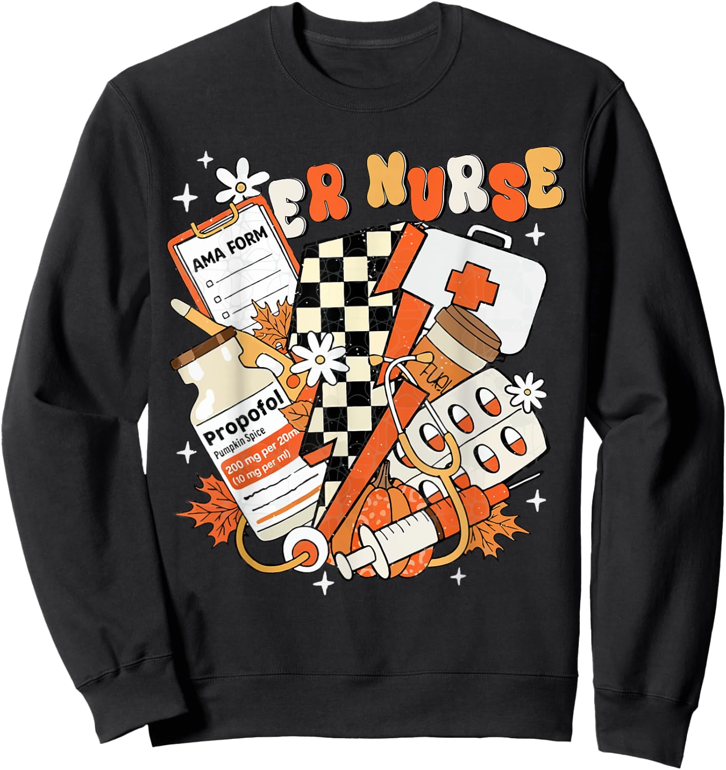ER nurse Thanksgiving Autumn Fall groovy Emergency nurse Sweatshirt - Sweatshirt | Black