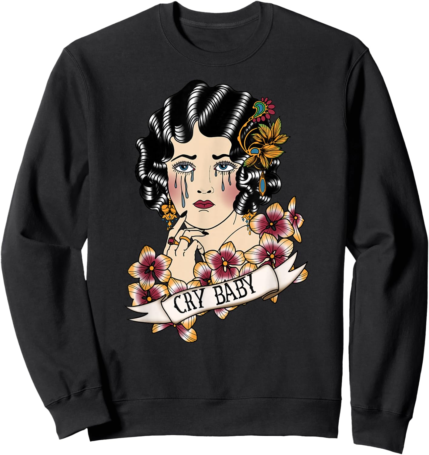 Cry Baby American Traditional, Old School Lady Tattoo Sweatshirt - Sweatshirt | Black