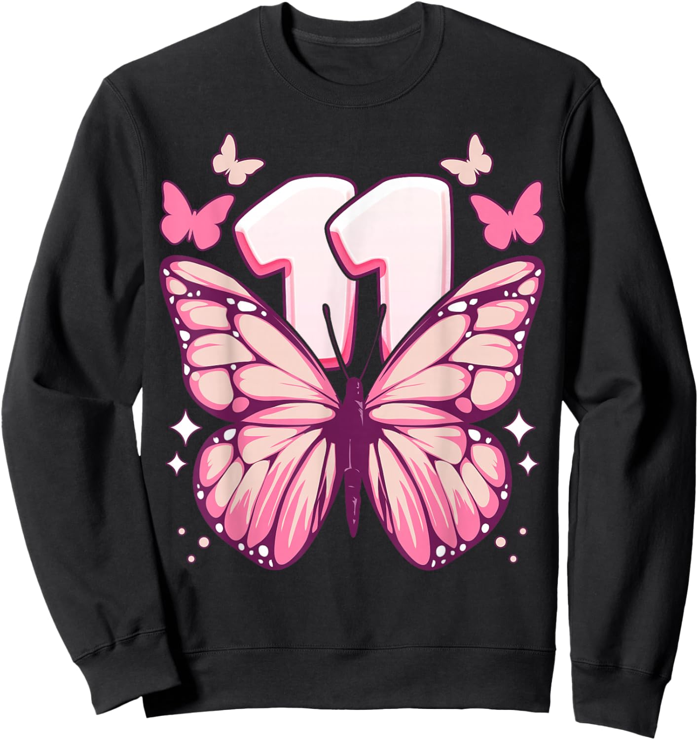 Birthday Girl 11 Years Butterflies and Number 11 Sweatshirt - Sweatshirt | Black