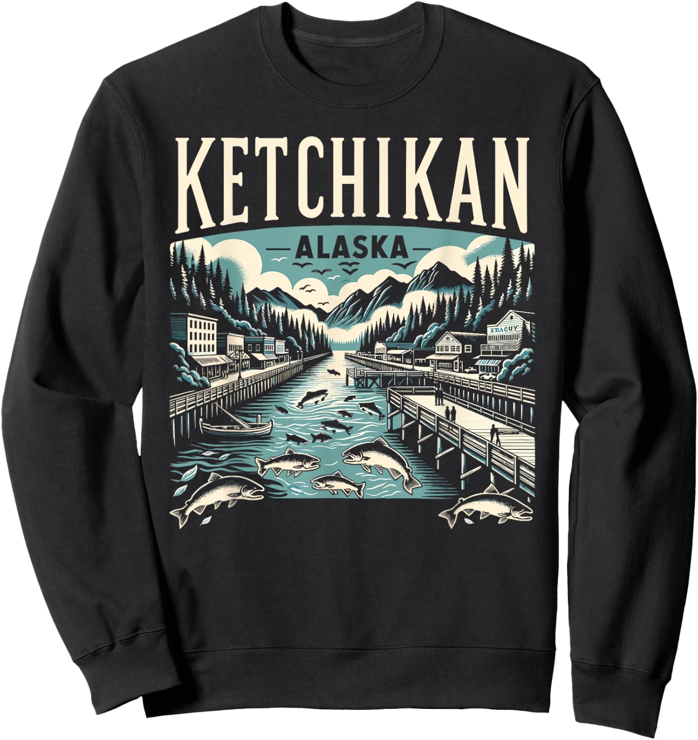 Ketchikan Alaska AK Vintage Graphic Salmon Capital Fishing Sweatshirt - Sweatshirt | Black