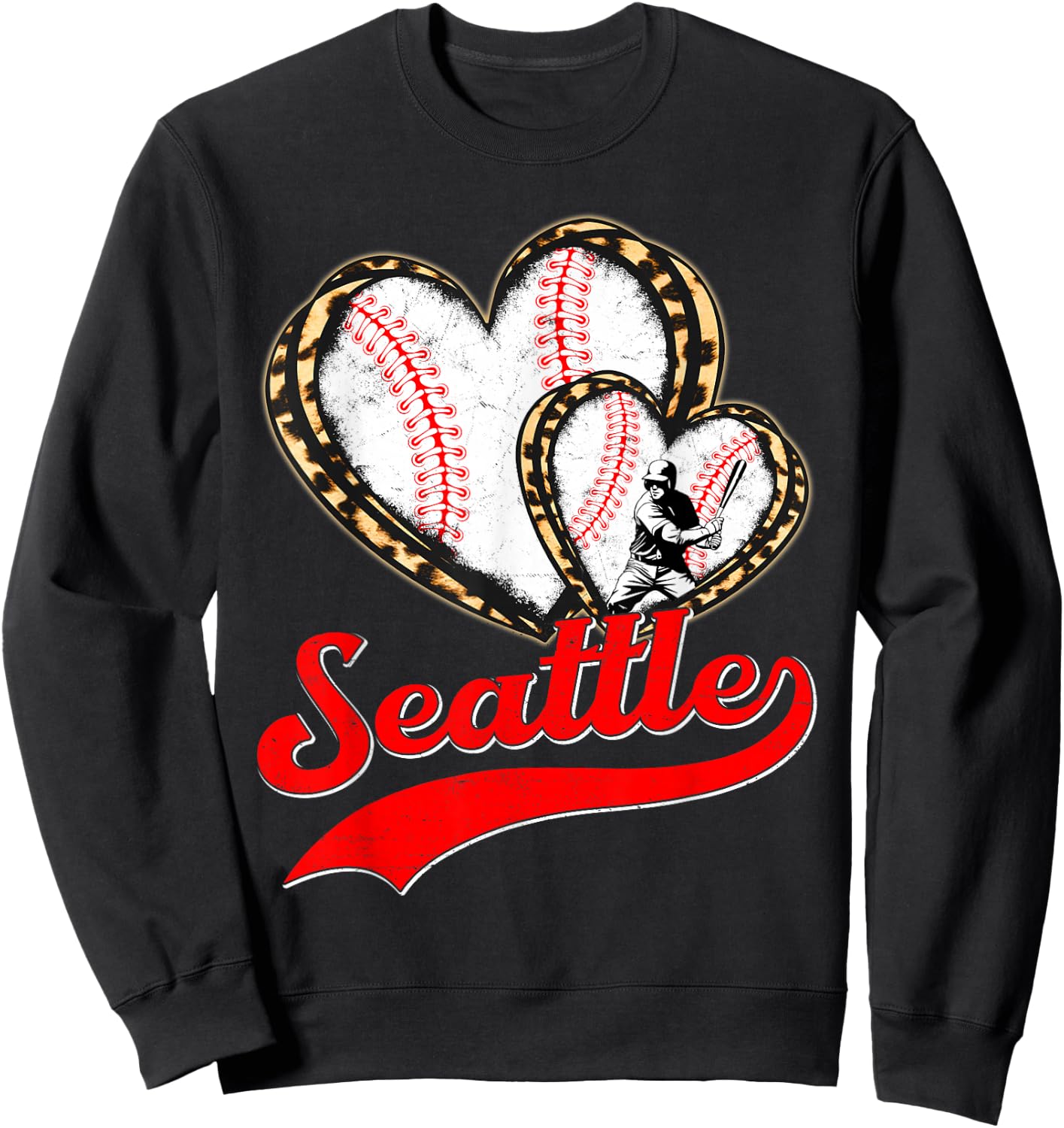 Vintage Seattle Baseball Leopard Heart Baseball Fans Sweatshirt - Sweatshirt | Black