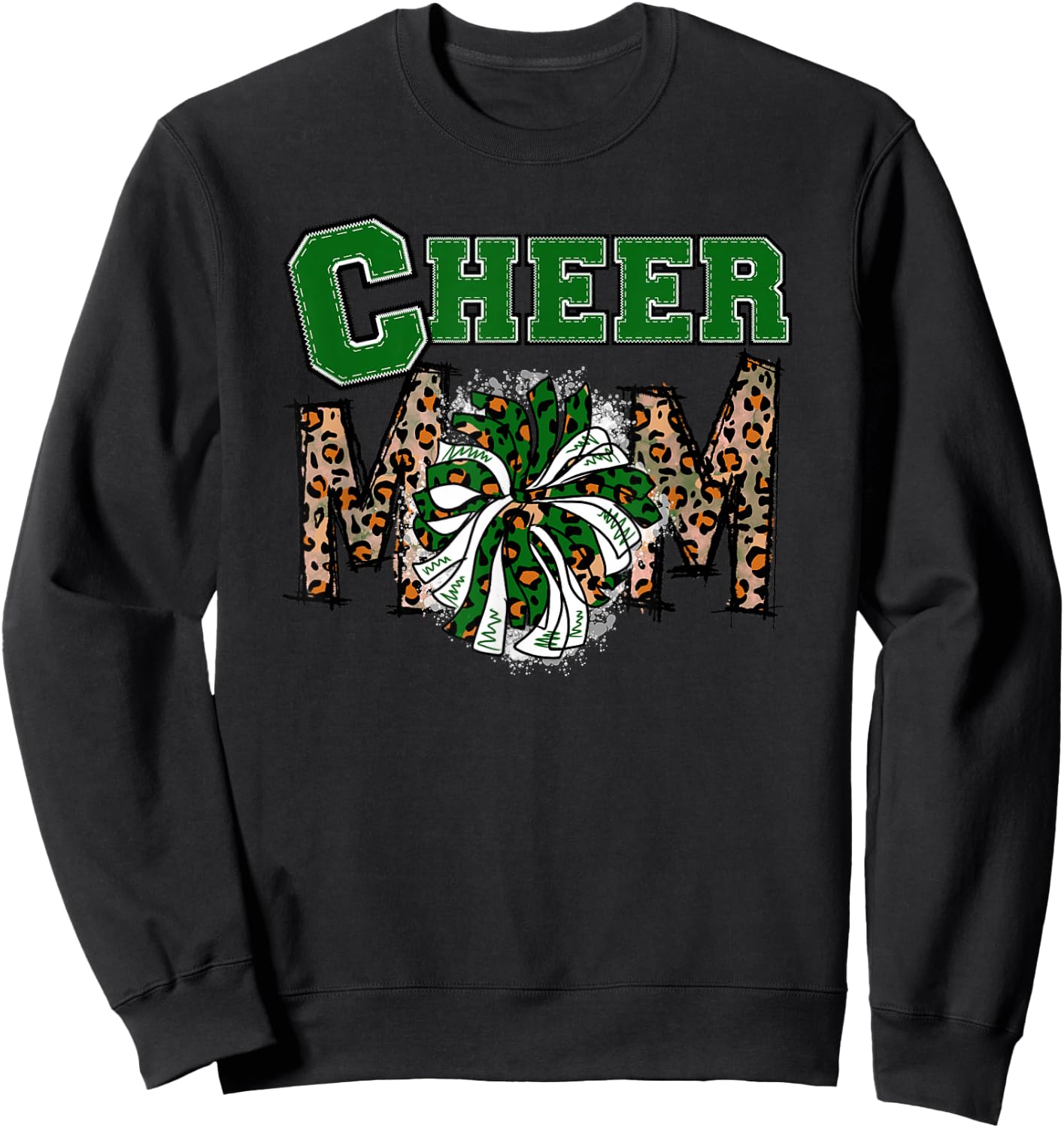 Cheer Mom - Cute Leopard Letters - Green Team - Cheerleader Sweatshirt - Sweatshirt | Black