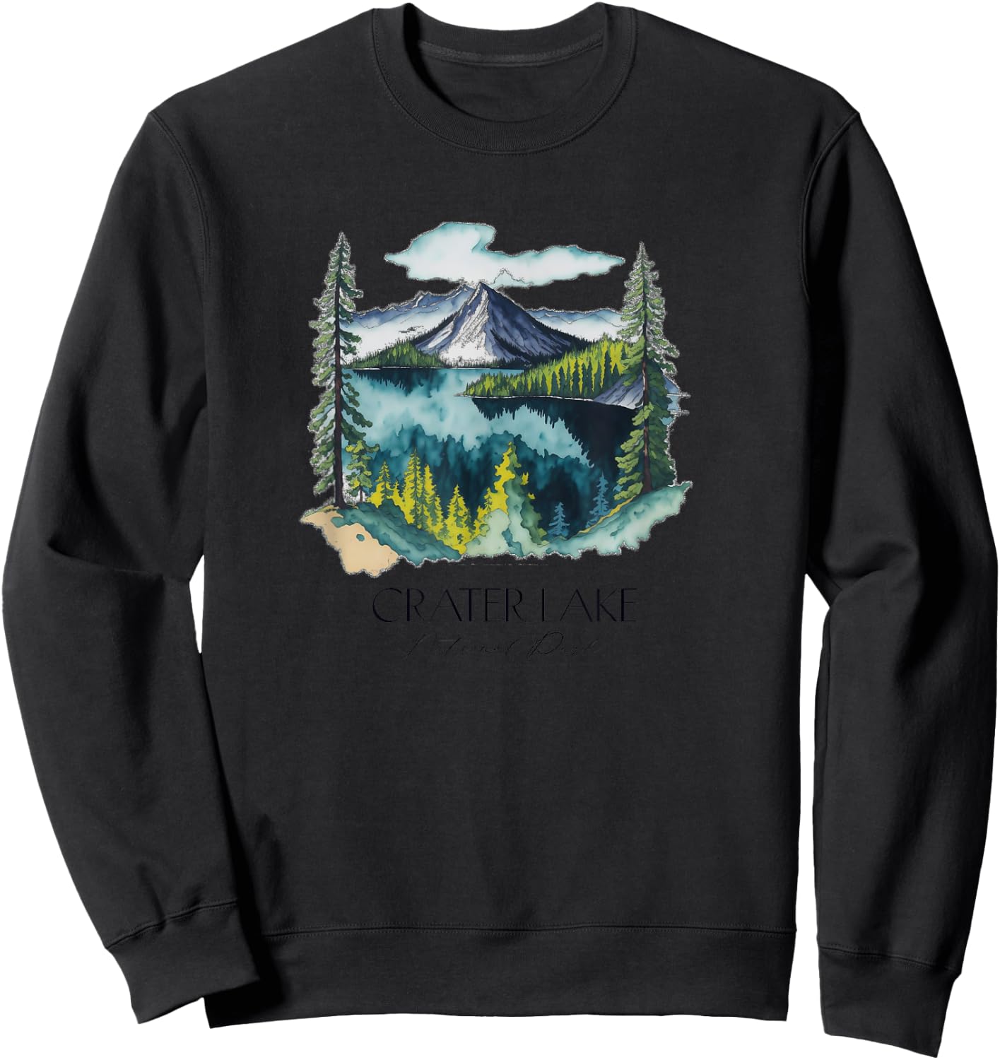 Cool Crater Lake National Park Hiking Watercolor Graphic Sweatshirt - Sweatshirt | Black