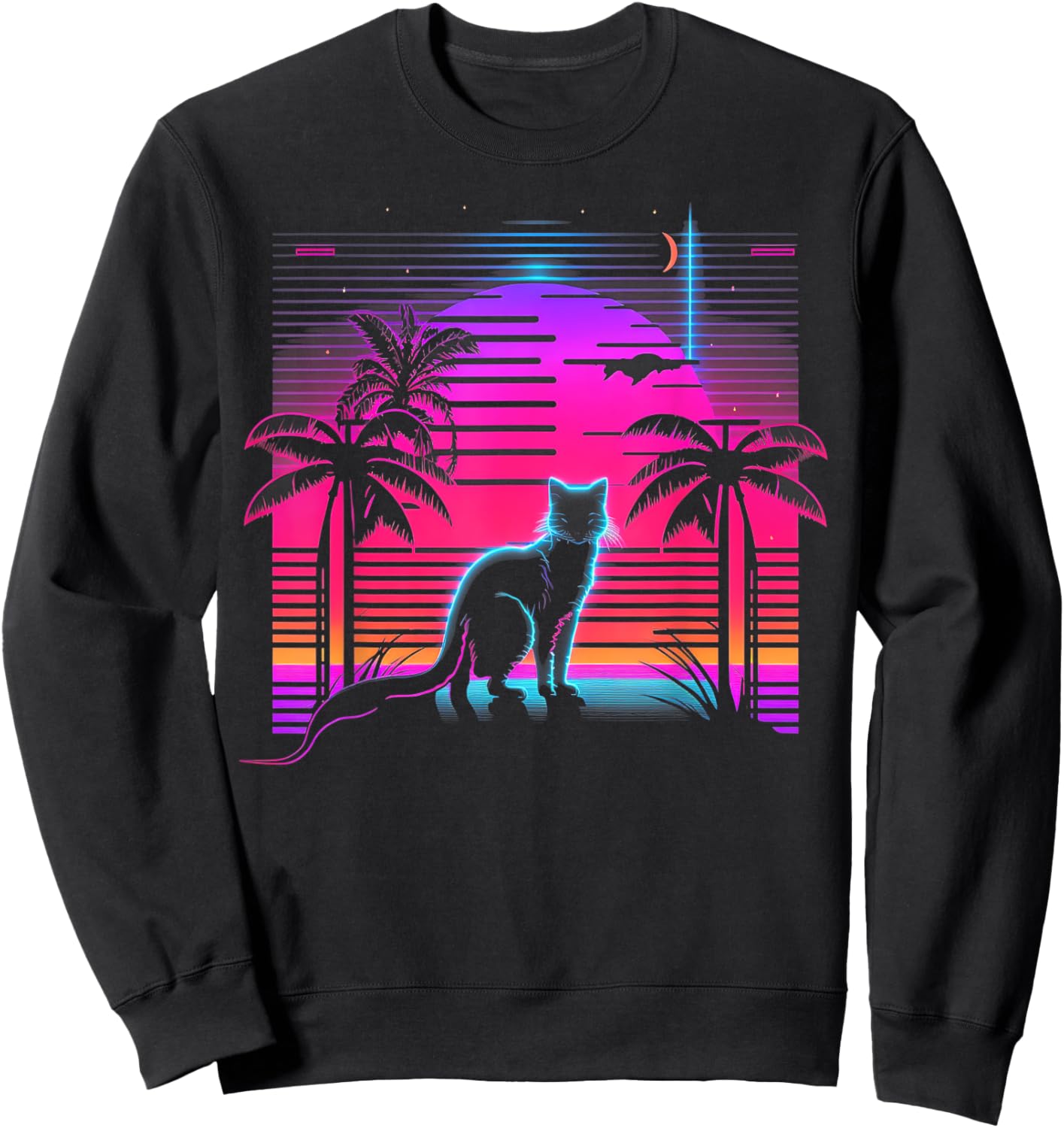 Cat Vaporwave Retrowave Aesthetic Synthwave 80s Palm Tree Women Kids Sweatshirt - Sweatshirt | Black