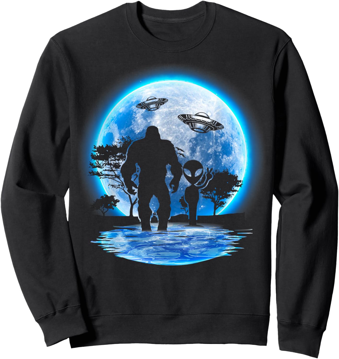 Alien & Bigfoot Moon Big Foot Sasquatch Gifts Women Sweatshirt - Sweatshirt | Black