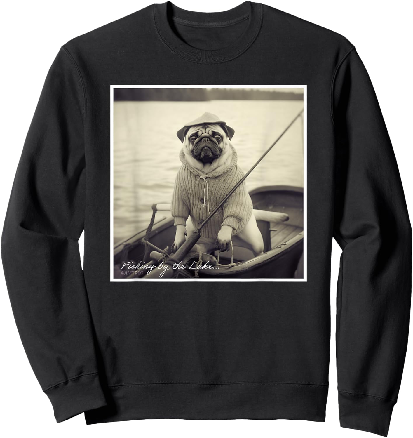 Funny Pug Fisherman on Boat Vintage Graphic Sweatshirt - Sweatshirt | Black