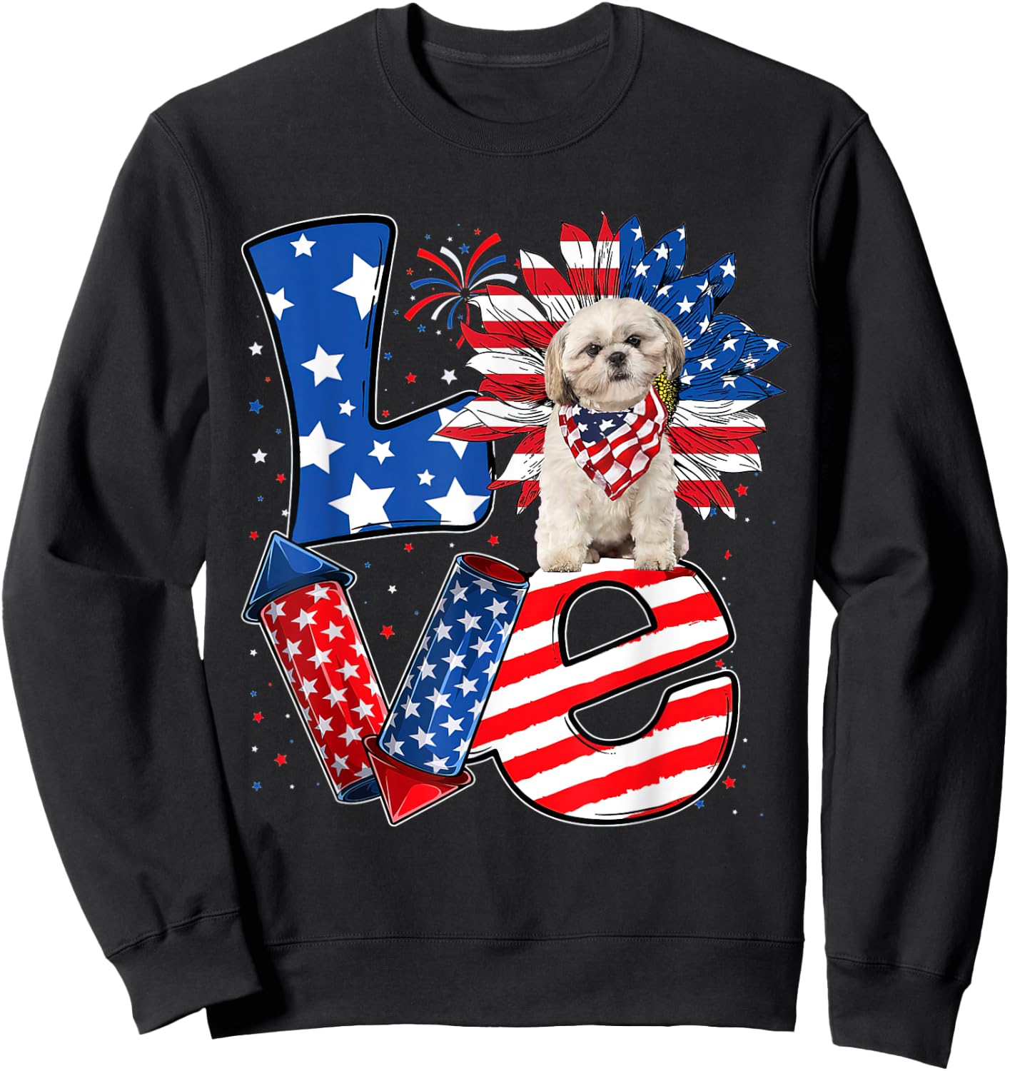 4th of July Decor Patriotic LOVE Shih Tzu Dog USA Flag Sweatshirt - Sweatshirt | Black