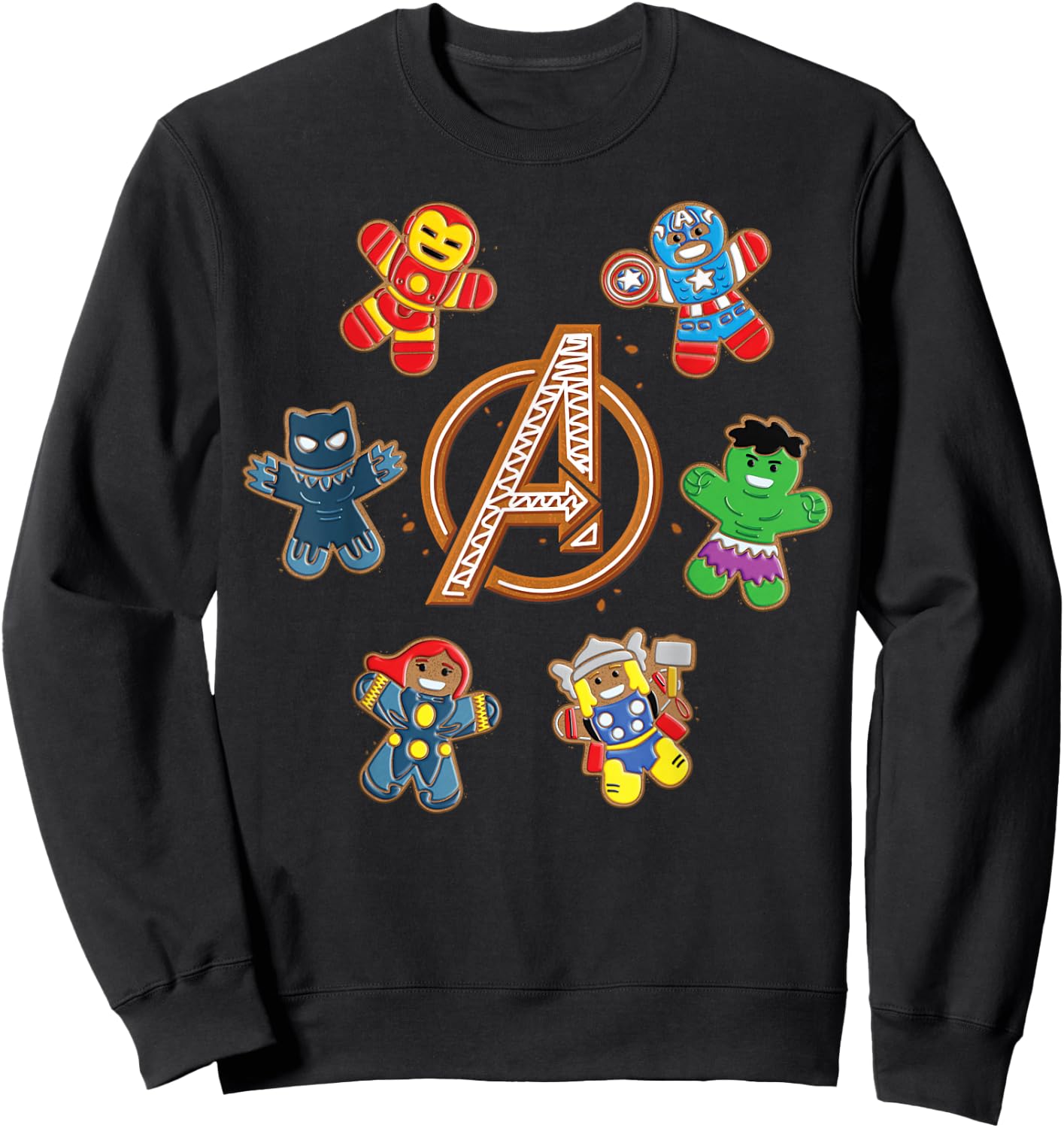 Marvel Avengers Holiday Christmas Gingerbread People & Logo Sweatshirt - Sweatshirt | Black