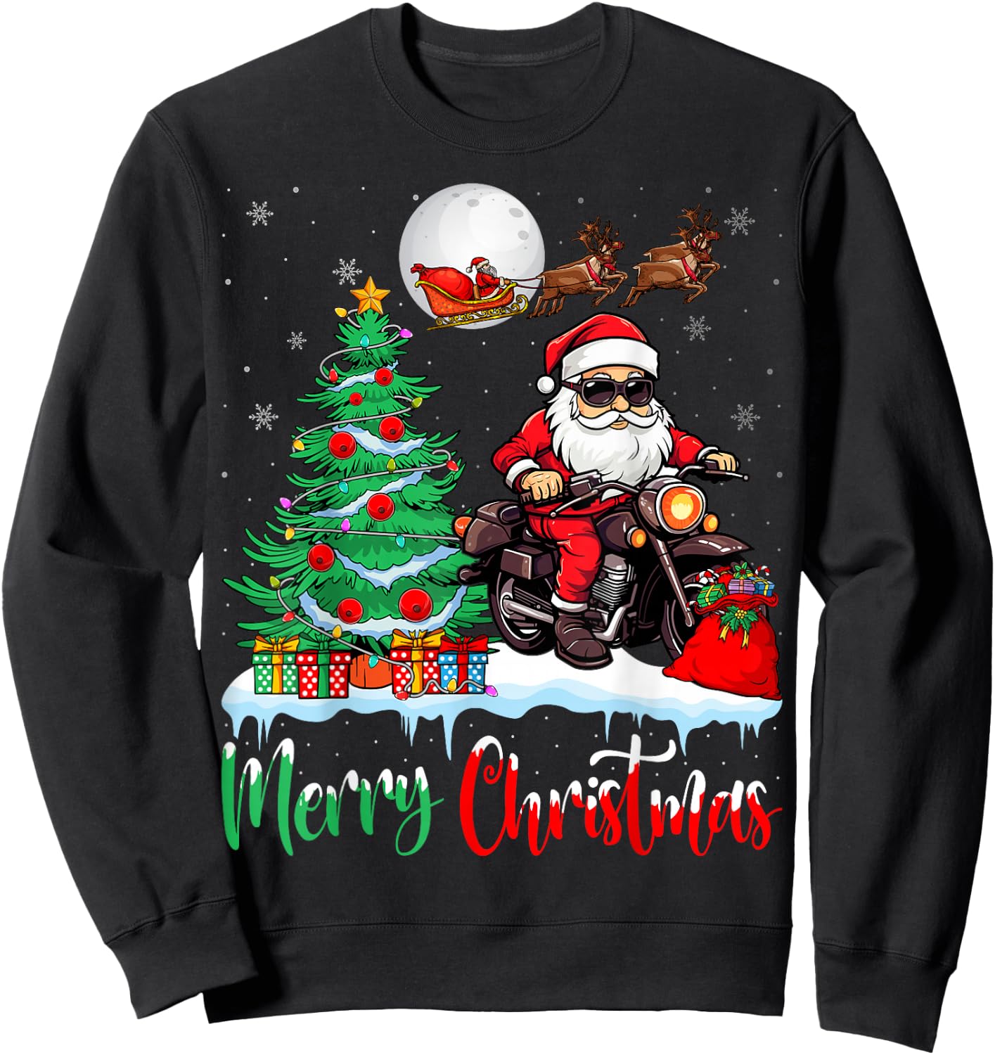 Motorcycle Santa Christmas Tree Xmas Merry Christmas Santa Sweatshirt - Sweatshirt | Black
