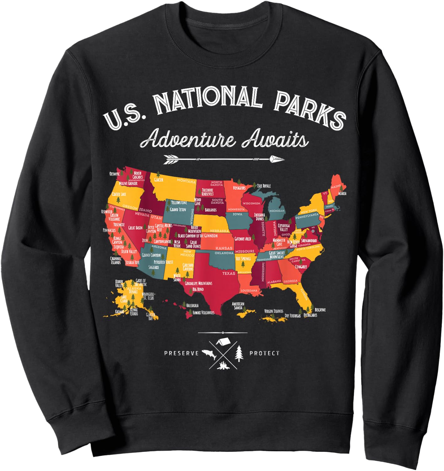 63 National Parks Map US Park Retro Vintage Camping Hiking Sweatshirt - Sweatshirt | Black