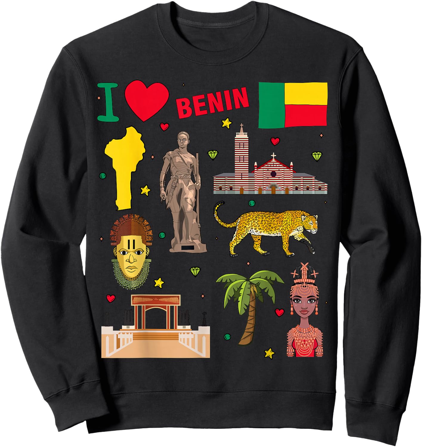 I love Benin. Hand drawn Beninese Landmarks, flag and map Sweatshirt - Sweatshirt | Black