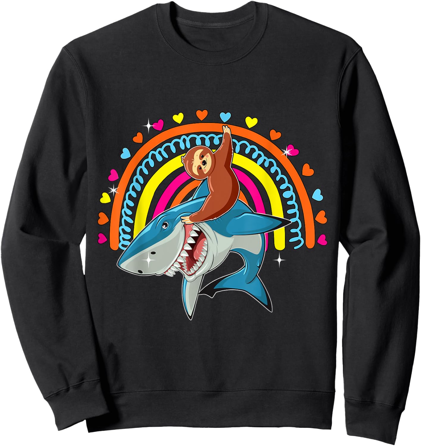 Sloth Riding Shark Funny Zoo Animal Rainbow Hearts Lover Sweatshirt - Sweatshirt | Black