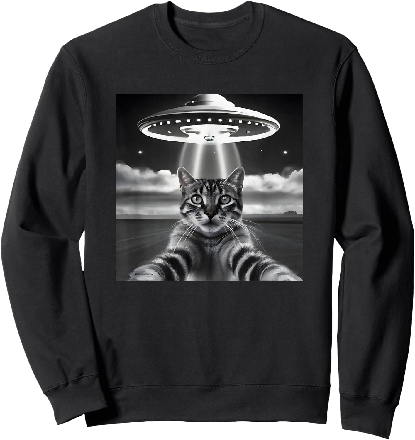 Cat UFO Selfie Funny Alien Invasion Retro Classic Photo Sweatshirt - Sweatshirt | Black