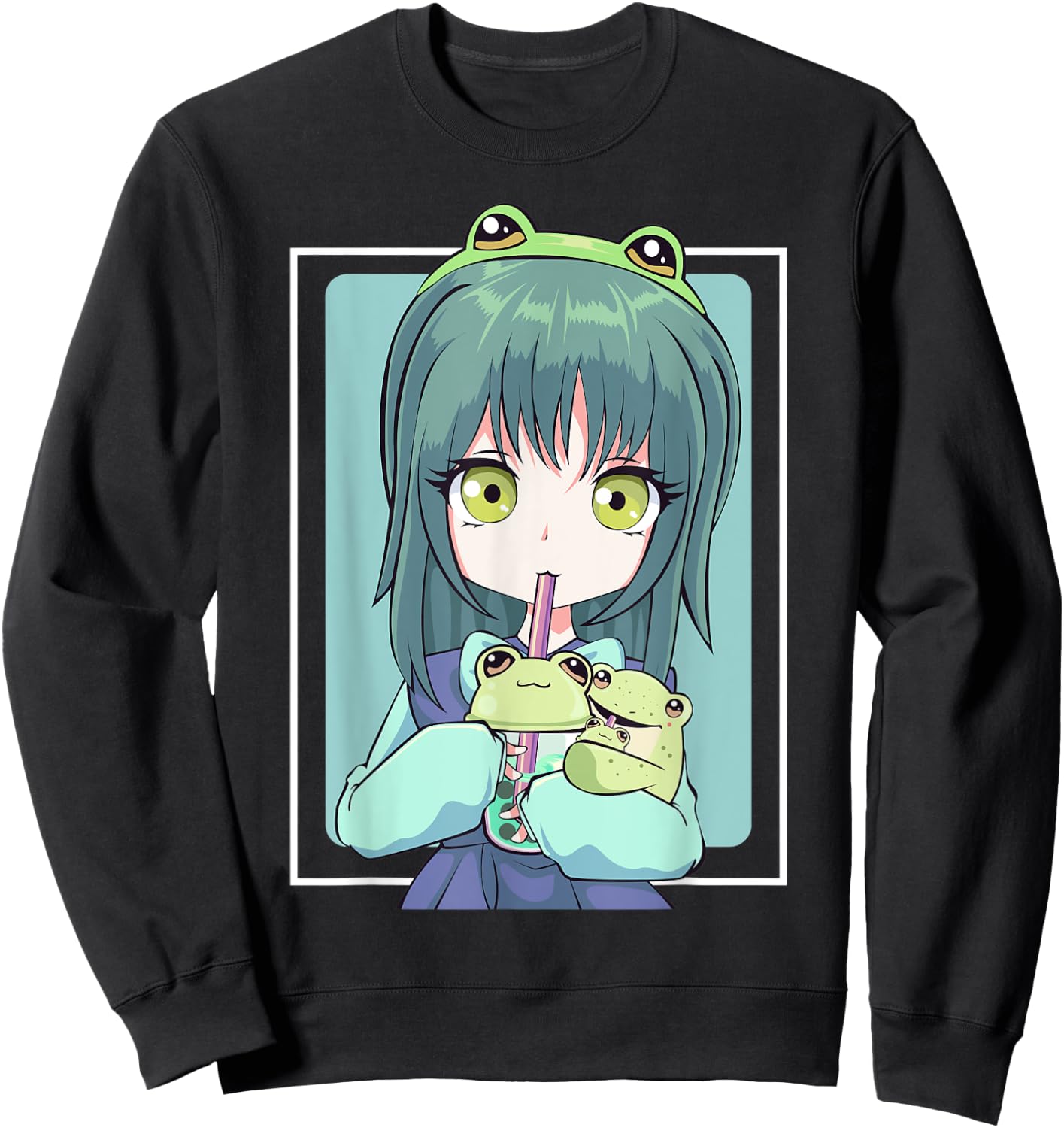 Anime Girl for Frog Lovers and Kawaii Boba Tea Frog Teens Sweatshirt - Sweatshirt | Black